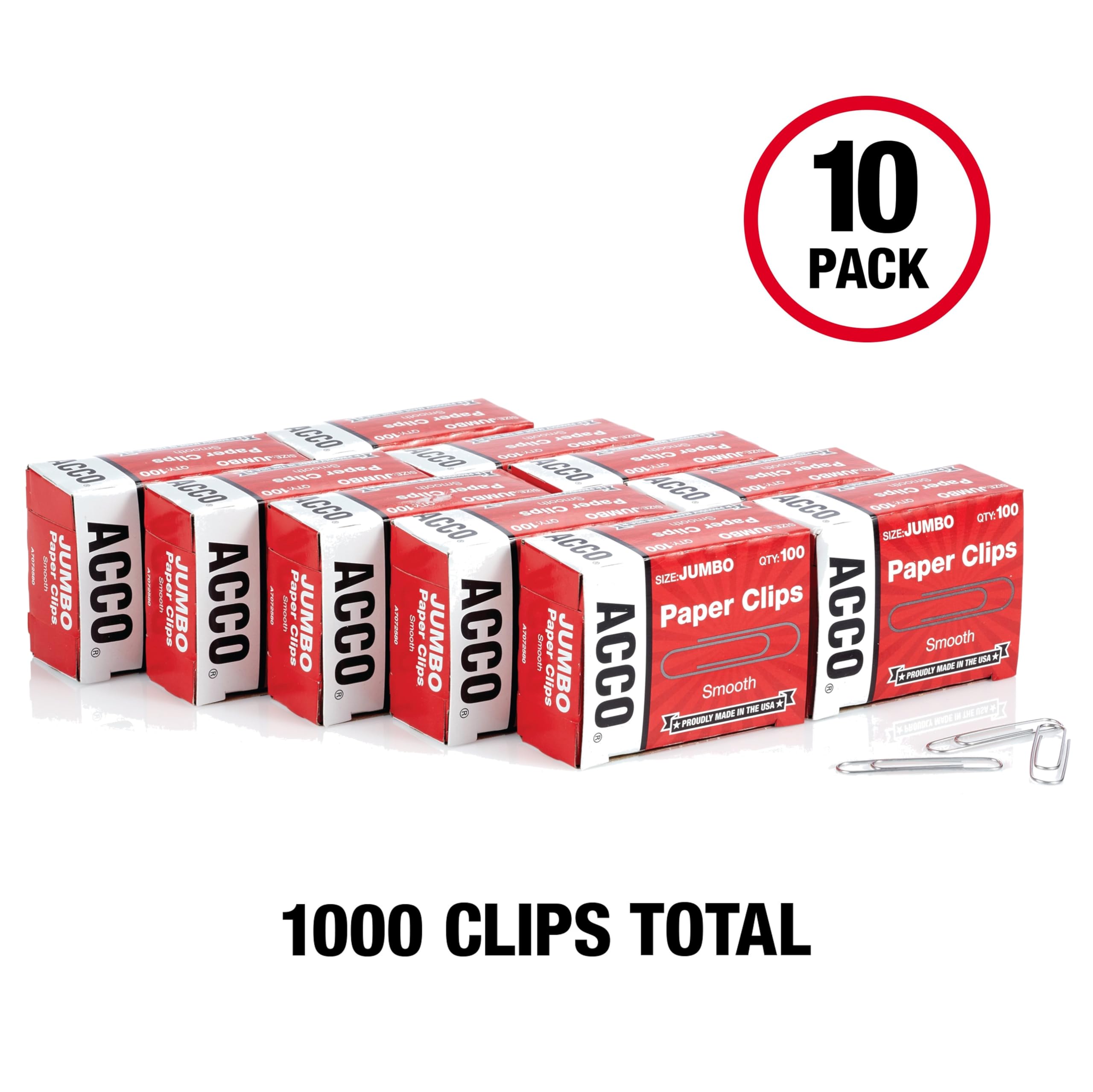 ACCO Paper Clips, Economy, Smooth, Jumbo, 100/Box, 10 Boxes (72580)