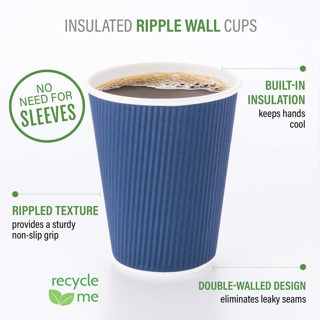 Restaurantware Ripple Wall Coffee Cups 25 Count 16 Ounce Insulated Midnight Blue Paper Cups, Rolled Rim Spill-Resistant Disposable Paper Non-Slip for Coffee, Beverages