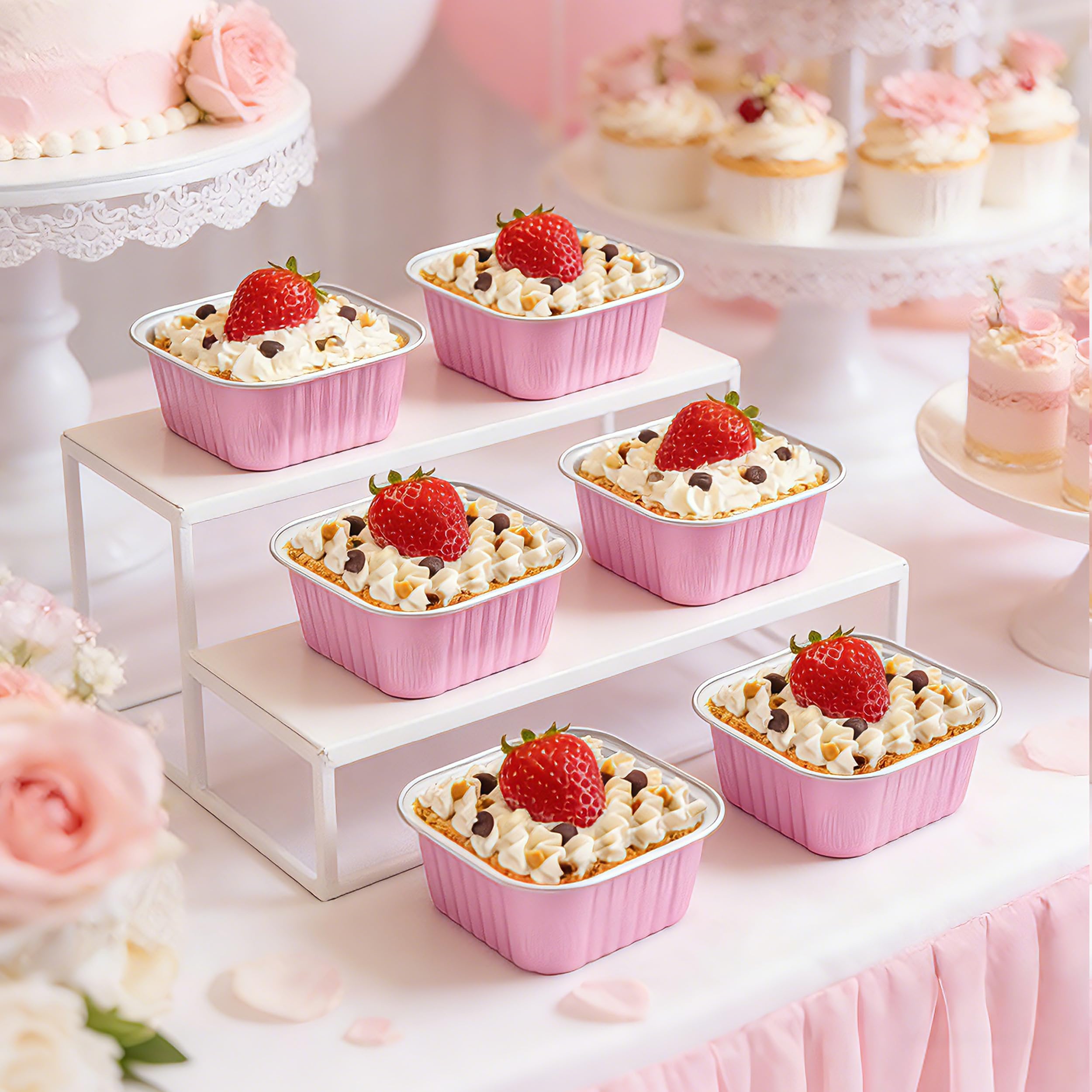 NPLUX 50 Pack Mini Cake Pans with Lids and Spoons Aluminum Foil Pans Square Cupcake Liners Brownie Baking Cups Disposable Ramekins Holders(Pink, 5oz)
