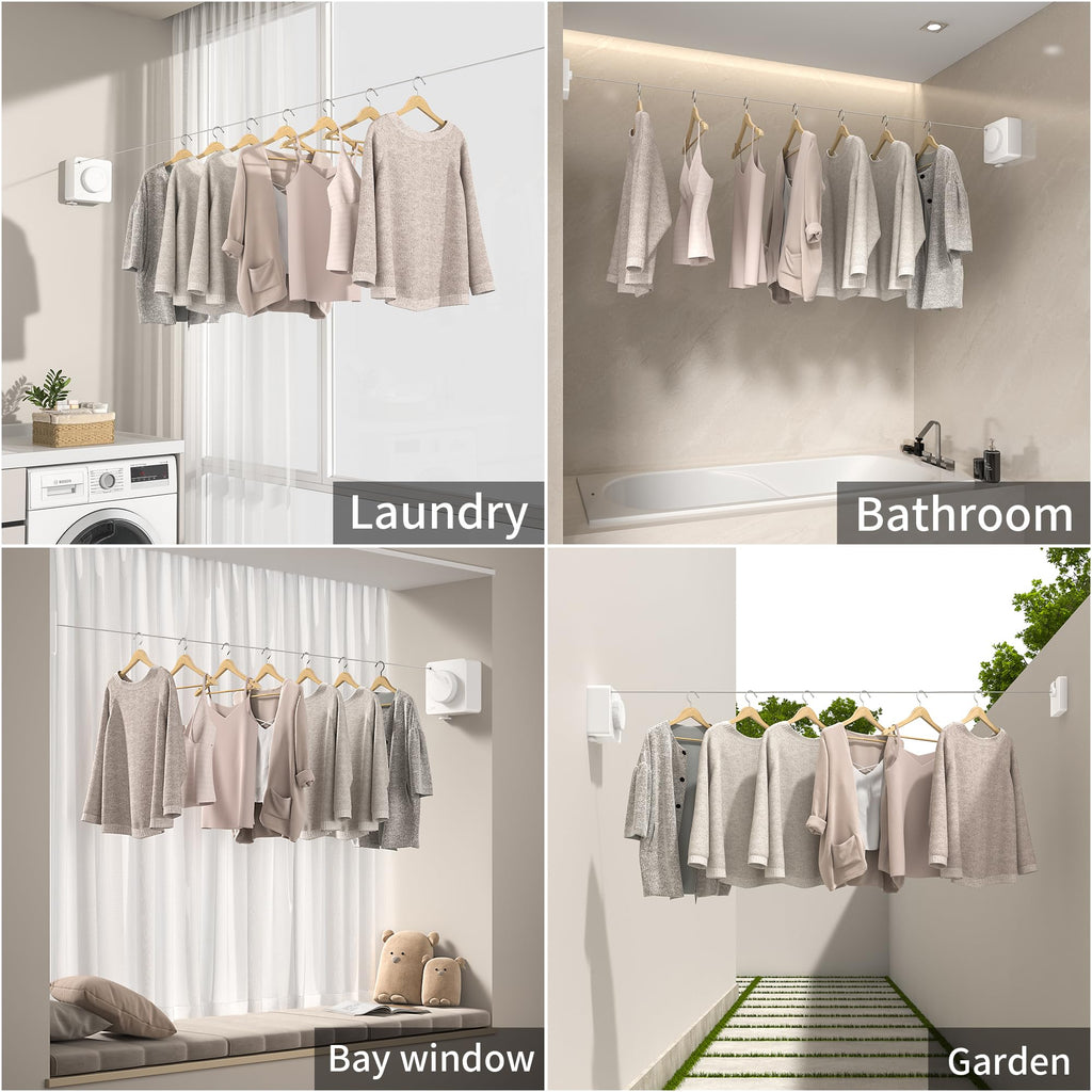 JOOM Retractable Clothesline Heavy Duty Clothes Drying Laundry Line Wall Mounted Easy Hanging Clothes Drying Laundry Line Retracting Hanging Lock to Prevent Sagging (Square,White)