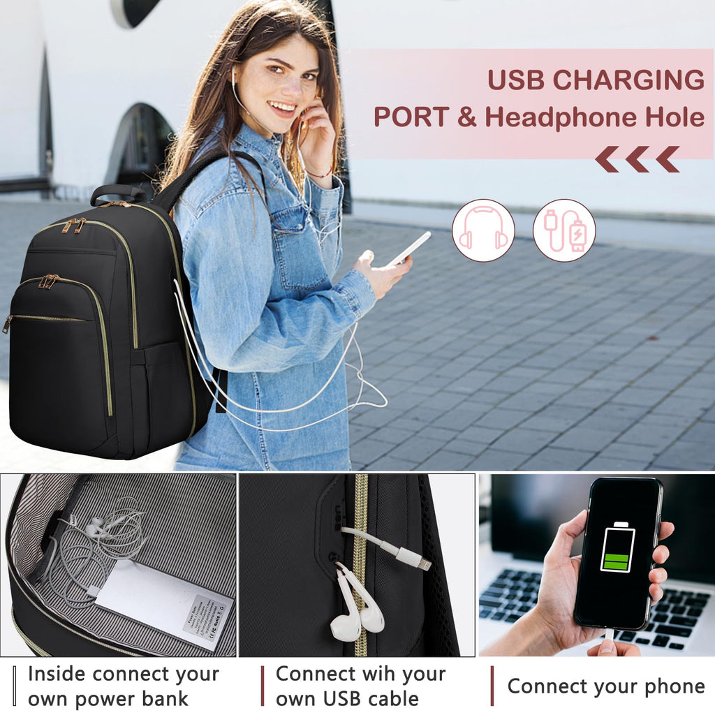 Laptop Backpack for Women 15.6 Inch Travel Backpack With USB Port, Lightweight School Backpack Waterproof Computer Bag for School Work Travel, Black