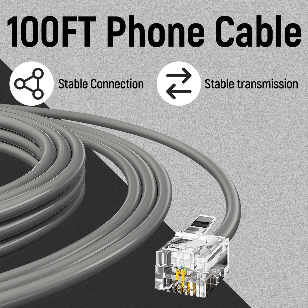 Uvital 100 Feet Grey Phone Extension Line Cord, Standard RJ11 6P4C Telephone Cable Wire, Landline Phone Wire for Telephone, Modem, Fax Machine