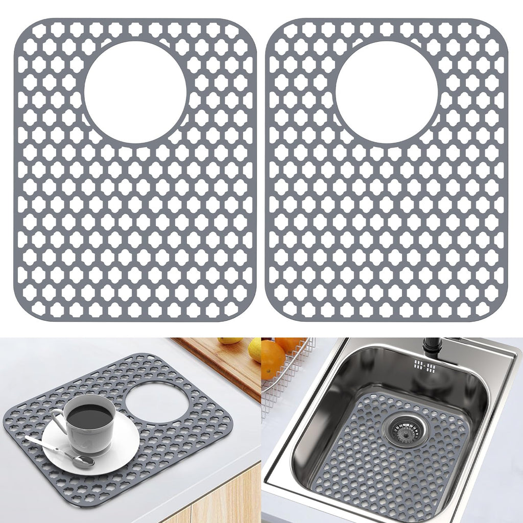 BEHOK 2 Pack Silicone Sink Protector for Kitchen Sink Bathroom Sink 13.58"x 11.6" Sink Mat, Non-Slip and Durable Silicone Sink Grid, Rear Drain (Gray)