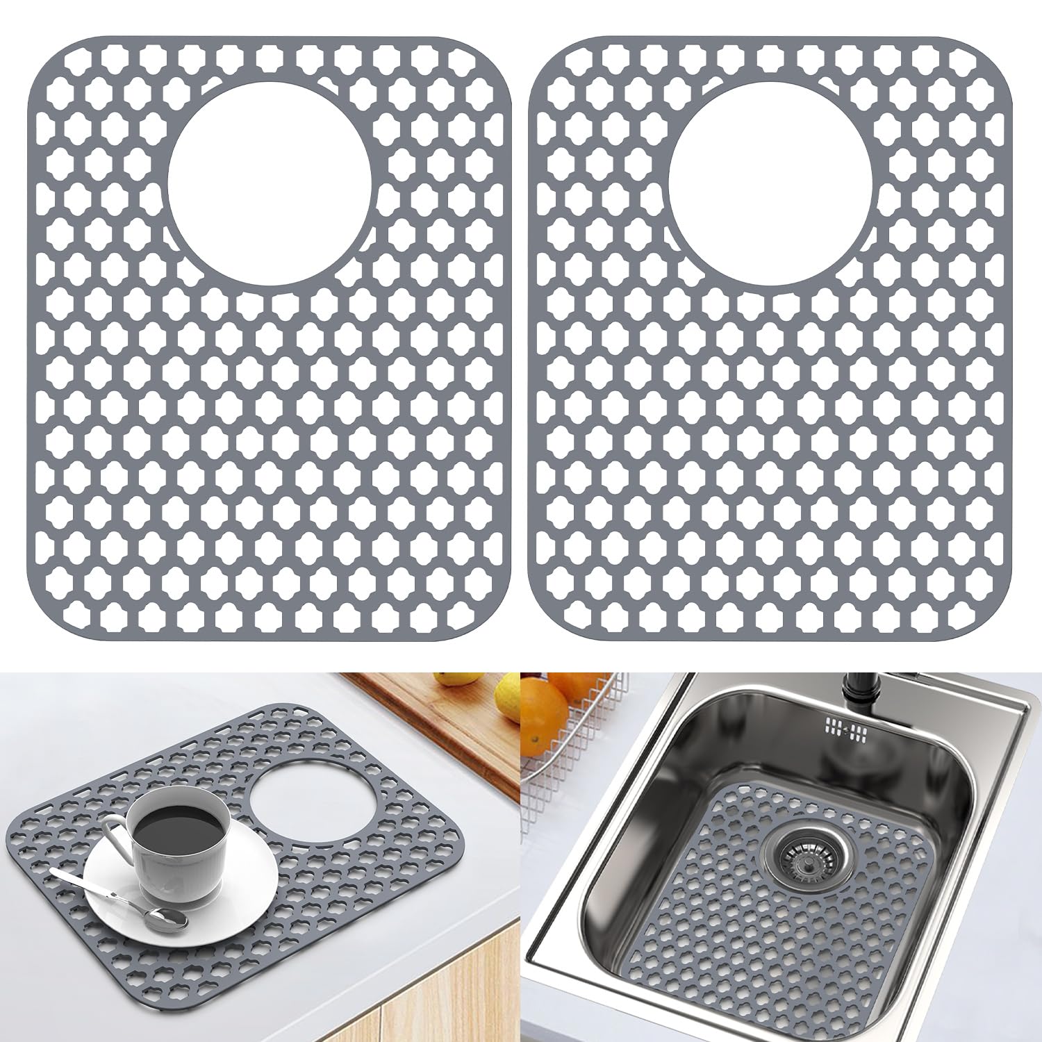 BEHOK 2 Pack Silicone Sink Protector for Kitchen Sink Bathroom Sink 13.58"x 11.6" Sink Mat, Non-Slip and Durable Silicone Sink Grid, Rear Drain (Gray)