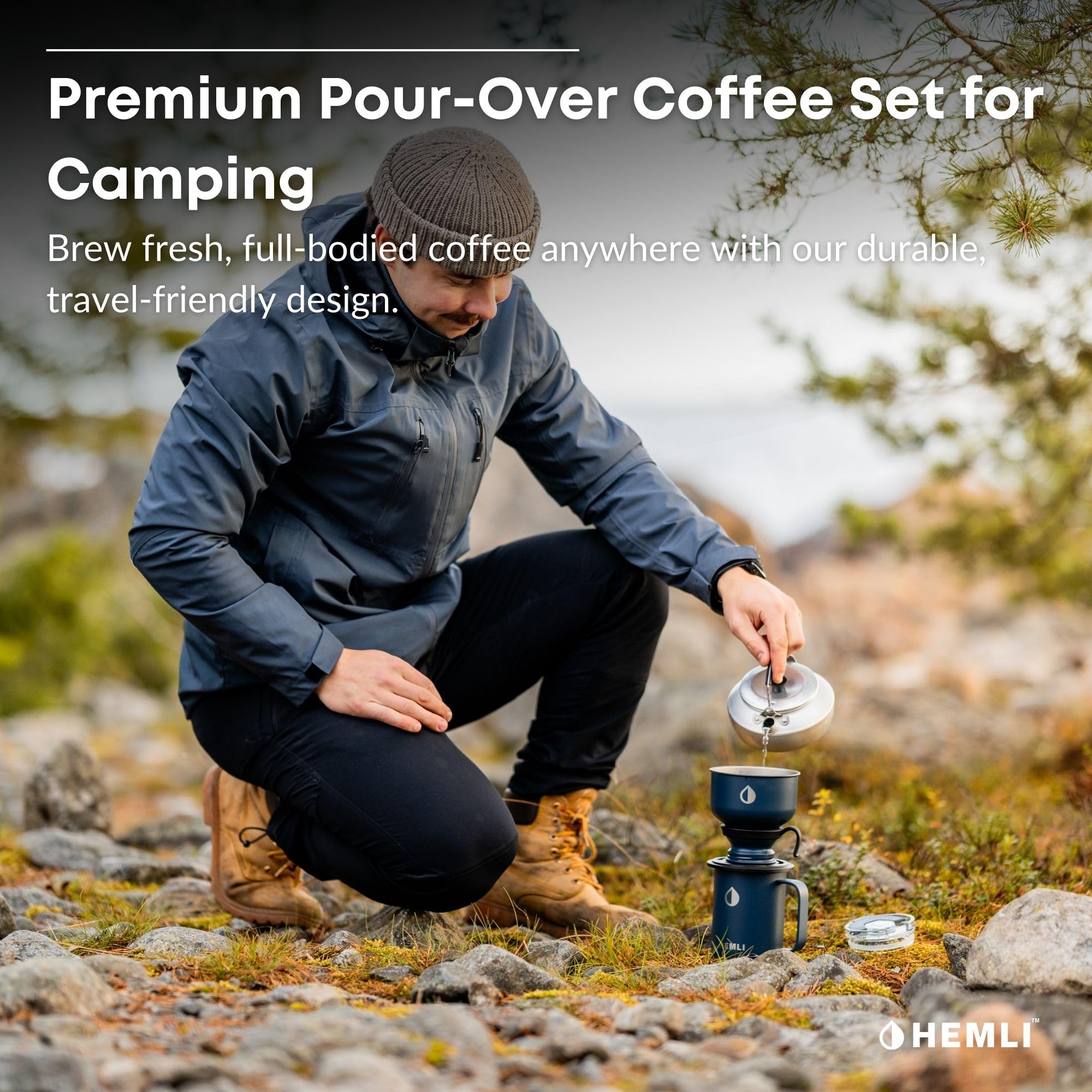 Hemli Pour Over Camp Coffee Maker Set– Vacuum Insulated Mug with Leakproof Lid, Stainless Steel Micro Filter, Scratch-Resistant Finish, Portable Coffee Maker for Camping, Travel & Outdoor Adventures