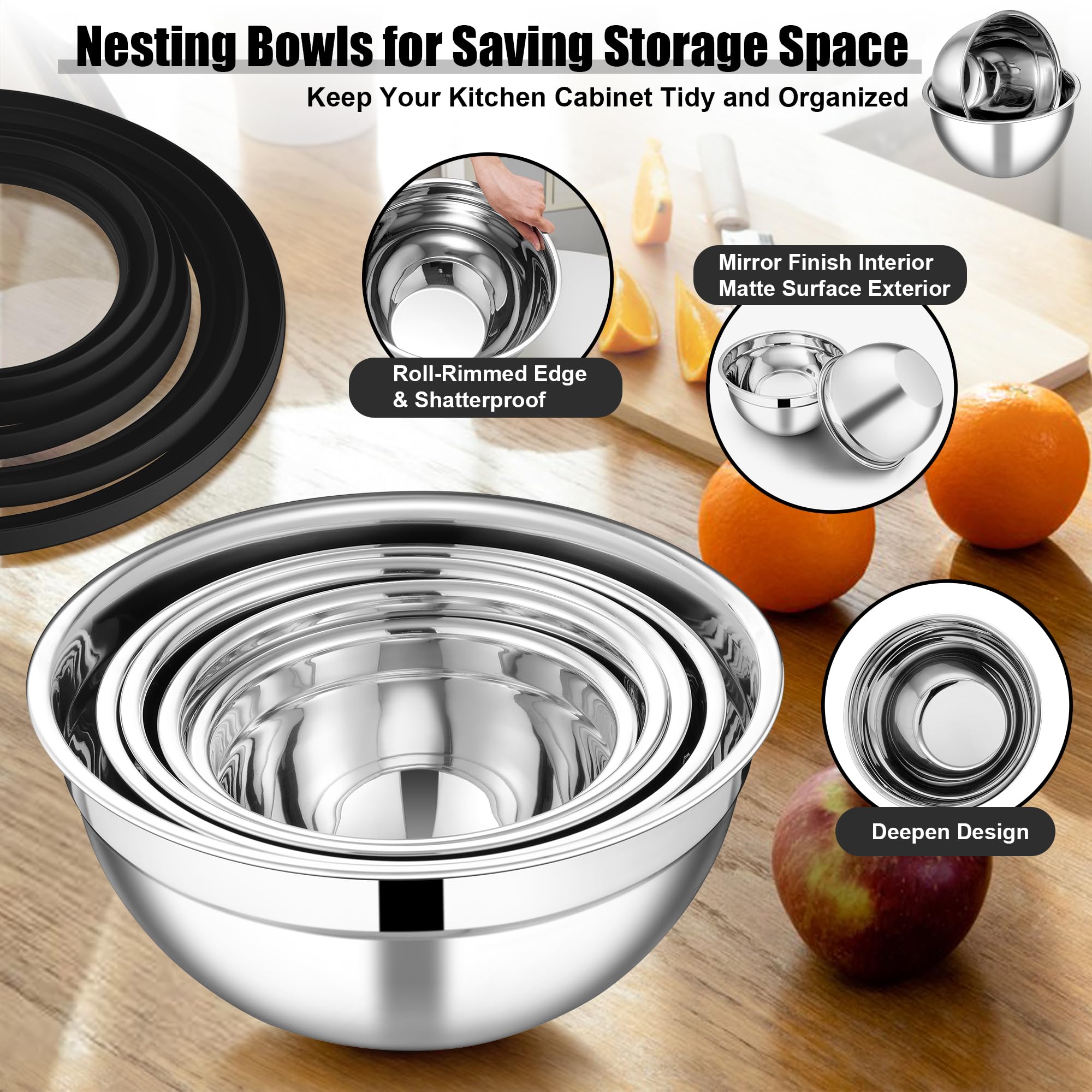 E-far Mixing Bowls Set of 5, Stainless Steel Salad Mixing Bowl with Transparent Lid, Metal Nesting Bowl Attach with 3 Graters for Kitchen Prepping/Serving/Baking/Storage, 4.6/2.6/1.5/1/0.7 QT - Black