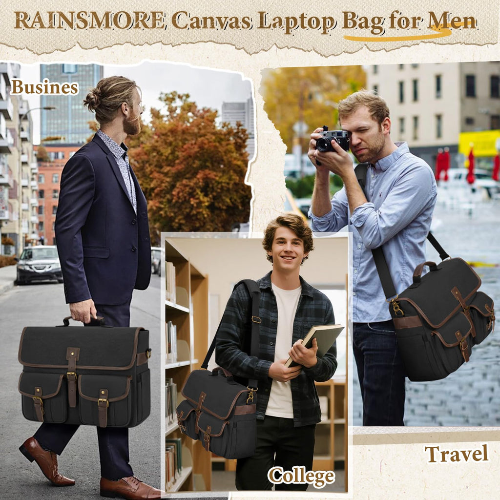 RAINSMORE Canvas Messenger Bag Men 17.3 Inch Laptop Bag Waterproof Computer Briefcase Retro Satchel Bag Large Shoulder Bag