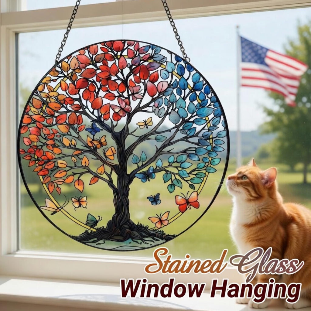 Tree of Life Sun Catcher Suncatcher - Indoor/Outdoor Stained Glass Window Hanging, Handmade Gift for Home Garden Christmas Wedding Housewarming Decor (6.31x6.31 in)