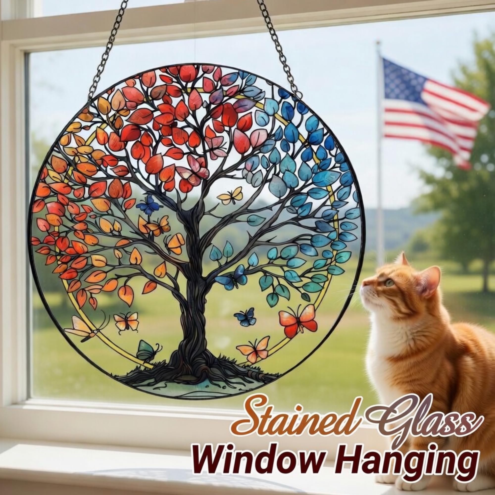 Tree of Life Sun Catcher Suncatcher - Indoor/Outdoor Stained Glass Window Hanging, Handmade Gift for Home Garden Christmas Wedding Housewarming Decor (6.31x6.31 in)