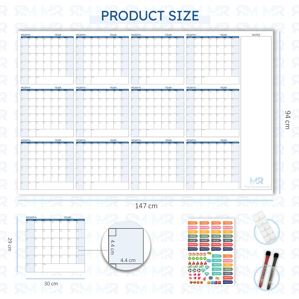 THE MASTERROUTE Large Dry Erase Wall Calendar – 147x94cm Reusable 12-Month Undated Wall Planner 2026 – Horizontal Layout with 2 Markers, 83 Stickers & Mounting Tapes for Home, Office or School