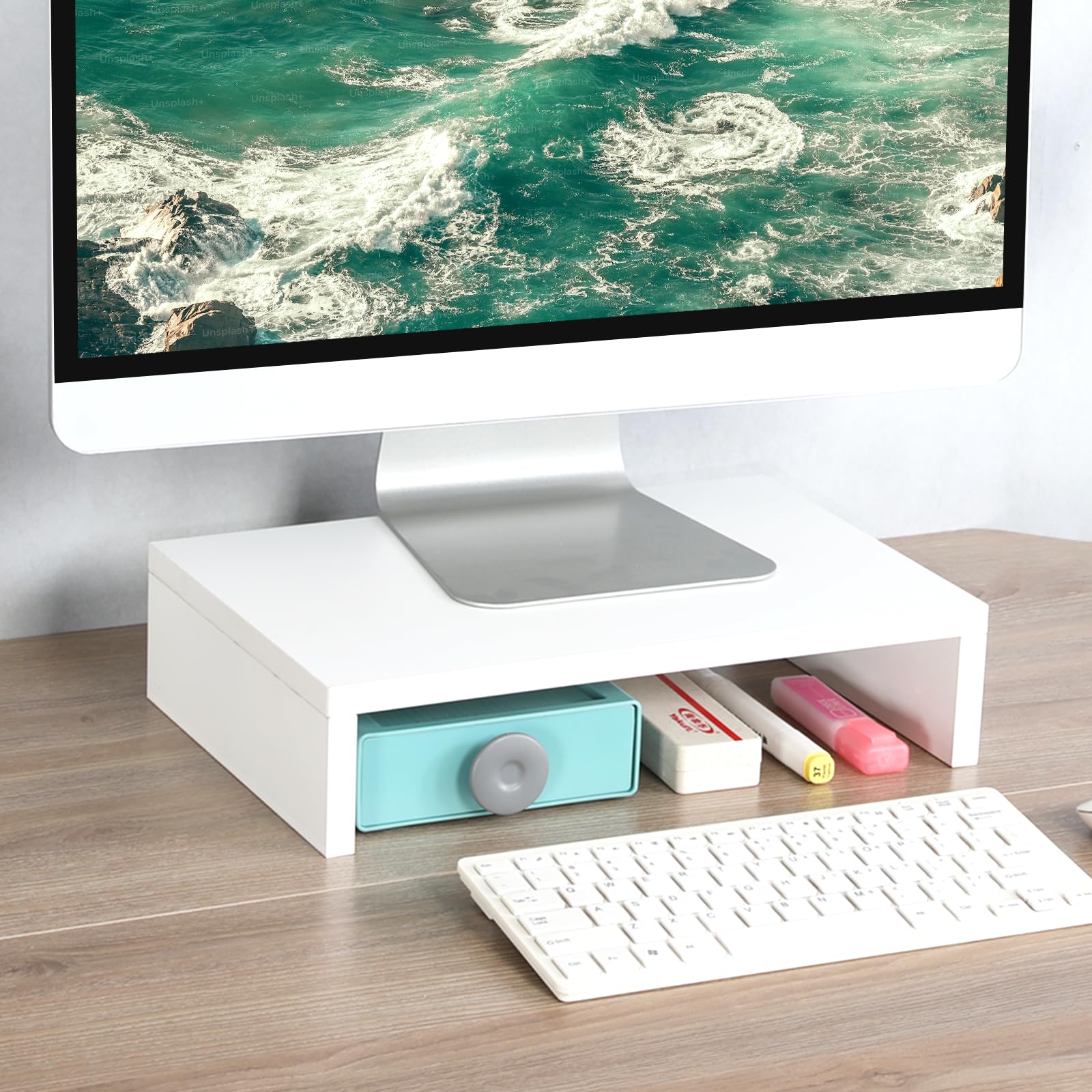 TEAMIX Monitor Stand Riser-14.2 inch, Wood Monitor Riser with Storage for Desk Small Monitor Stand TV/Screen/PC/Laptop Riser Computer Stand Desktop Shelf (White, 36L x 24W cm)