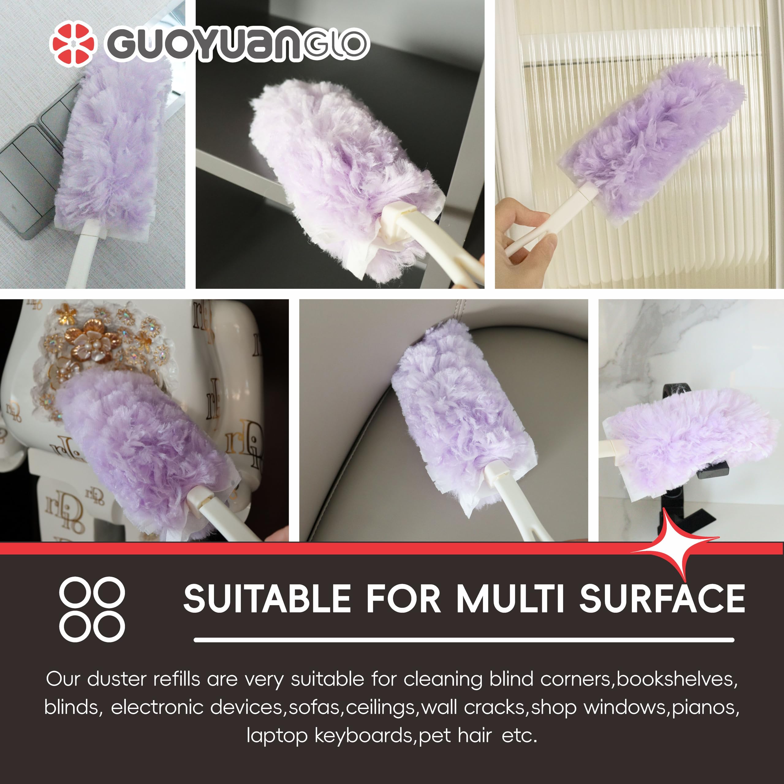 GUOYUANGLO Disposable Dusters Refills 360 Degree Heavy Duty Dusters Refills Purple Disposable Duster Heads for Blinds Ceiling Fans Furniture Multi-Surface Dusting-20 Counts with Short Handle
