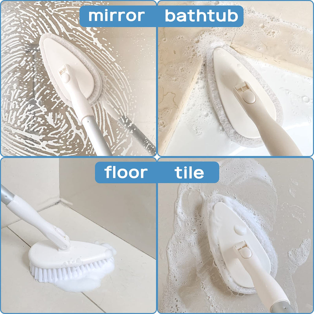 Qaestfy Shower Scrubber and Cleaning Brush Combo 51'' Aluminum Long Handle for Bathroom Bathtub Tub and Tile Scrubber Brush Deep Cleaning Model QAE002