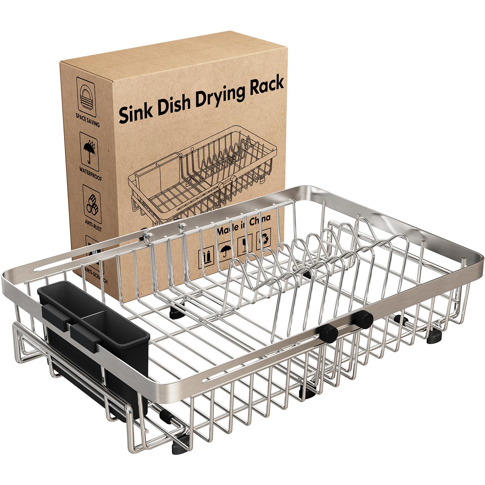 MAJALiS Dish Drying Rack in Sink, Expandable Stainless Steel Over Sink Dish Rack, Adjustable Capacity Dish Strainers for Kitchen Sink Counter with Utensil Holder, Silver