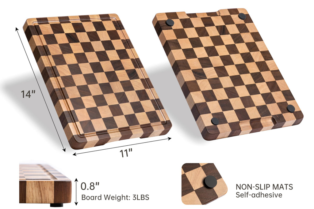 THETCHRY End Grain Cutting Boards for Kitchen, Wooden Cutting Board, Acacia Wood Chopping Board with Juice Groove & Handle, Butcher Block for Meat, Bread & Fruit, 14" L x 11" W x 0.8" Th
