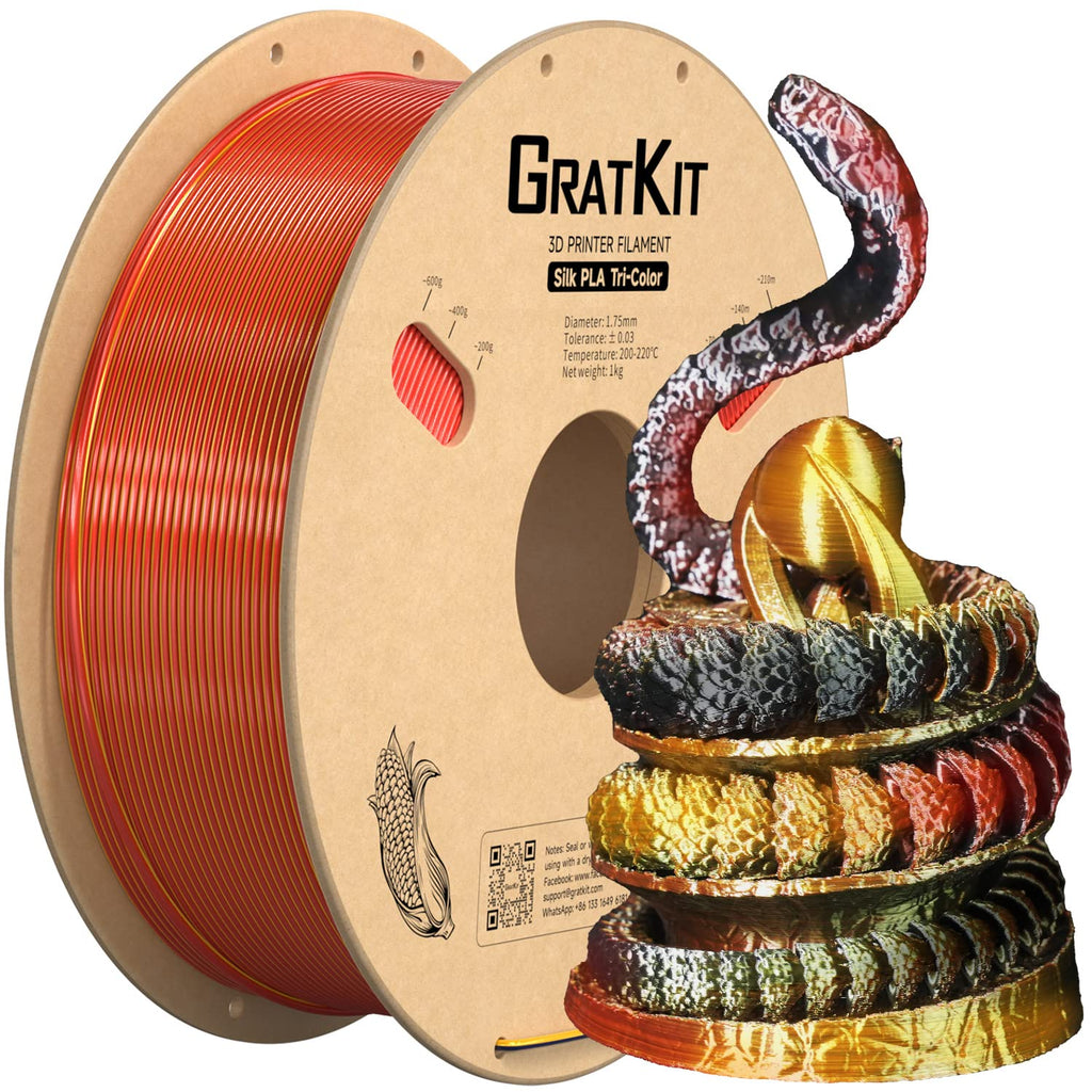 Gratkit Silk Tri-Color PLA Filament，Coextrusion PLA Filament 1.75mm, +/-0.03mm, 1KG/Roll, Silk PLA Red & Gold & Black