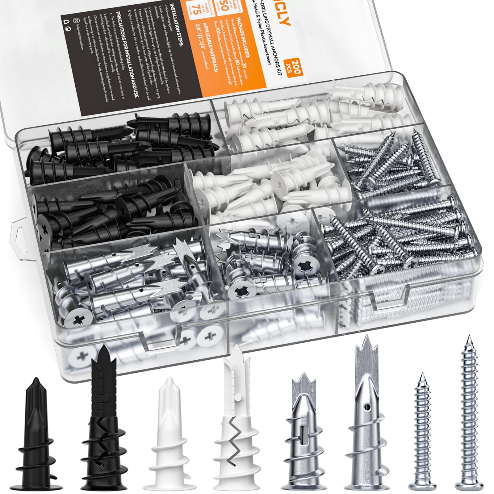 INCLY 200PCS #8 Metal Self Drilling Drywall Anchors With Screws Kit, 100 Zinc Metal & Plastic Heavy Duty Dry Wall Anchors and 100 Philips Screws Assortment for Sheetrock Hanging and Mounting with Case
