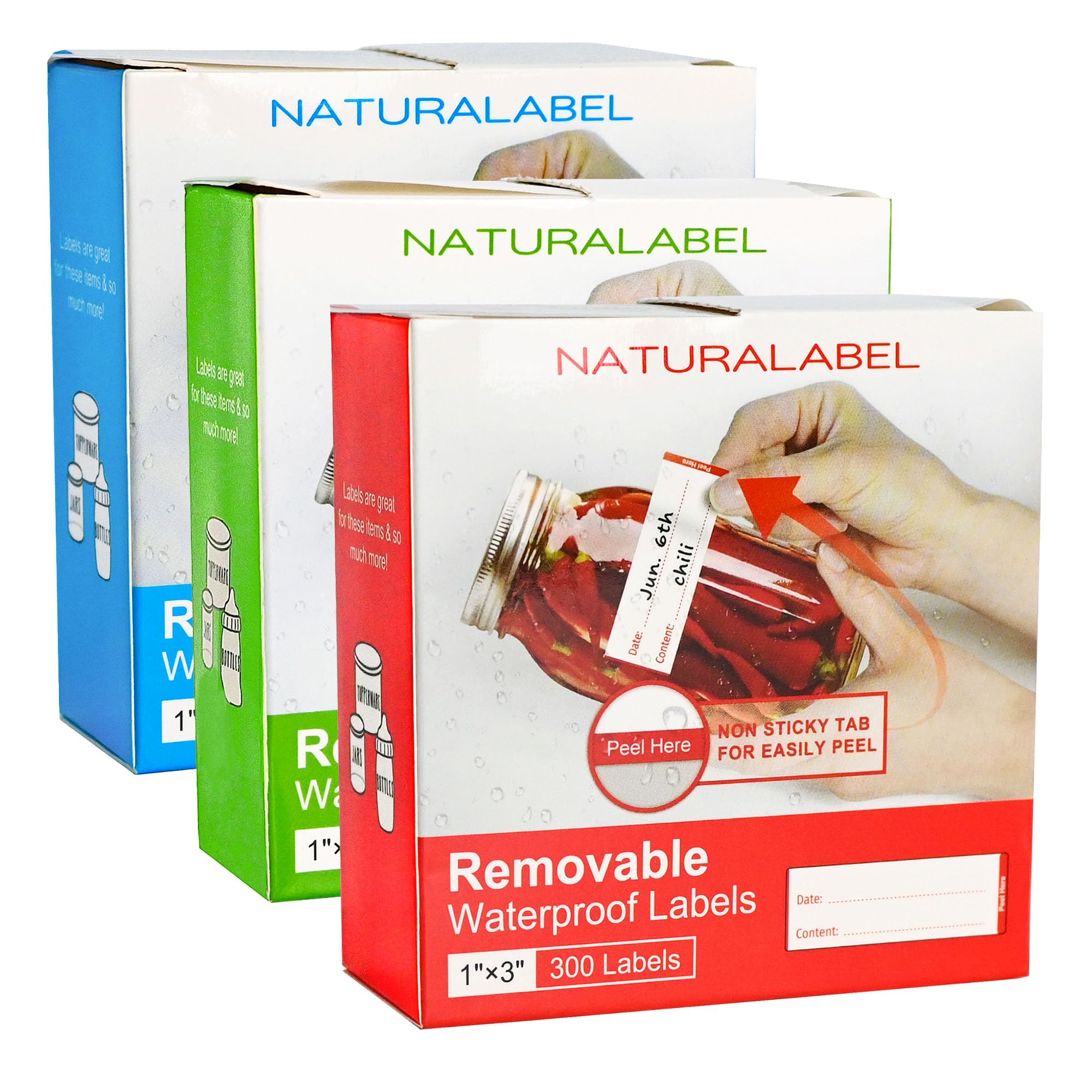 NATURALABEL 900 PCS Removable Freezer Labels with Dispenser - 1" x 3" Food Labels for Meal Prep Containers, Easy Peel-Off Design, No Residue (300 Labels/Roll, 3 Colors)
