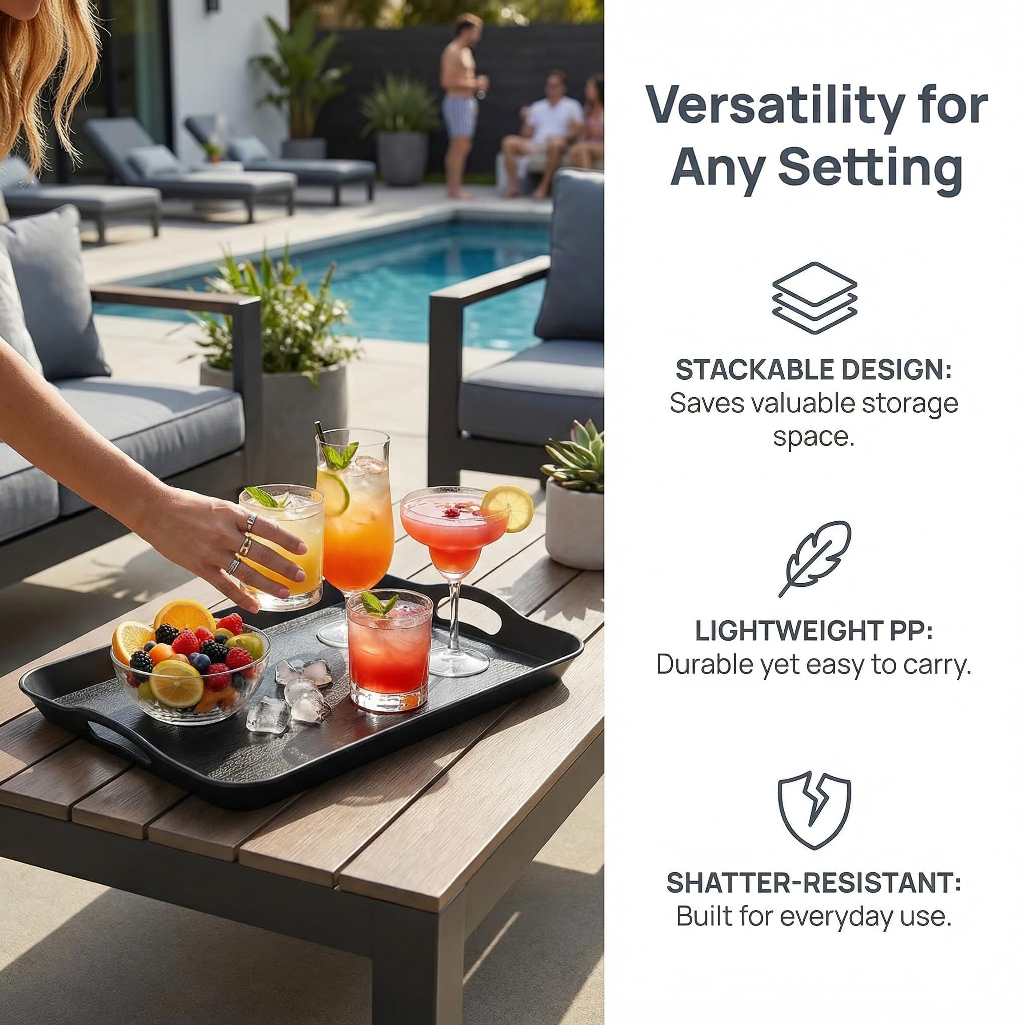 Cedilis 3 Pack Black Serving Trays with Handles,16 x 11IN Rectangular Non Skid Multi-Purpose Plastic OttomanTray for Restaurant, Parties, Coffee Table