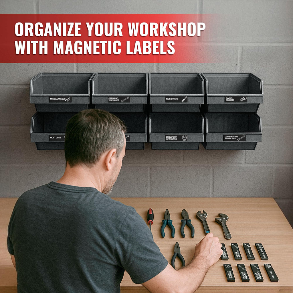 90 Pcs Magnetic Tool Box Labels 3.5x1 inch - Magnetic Toolbox Labels for Tool Box Drawers Strong Magnet Toolbox Organizer Chest Black Pre-Printed & Blanked Emblems for Organization - Toolbox Emblems