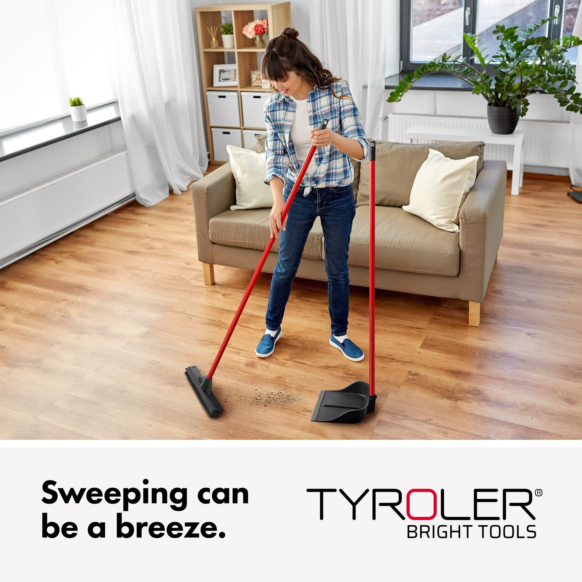 Tyroler Bright Tools Magic Dustpan with Handle - Solid 100% Natural Rubber Construction- New Aluminum Anti-Rust 105cm 3 Parts Long Handle Dust Pan- Stand Up Design- Accommodates Any Broom/Hand Brush