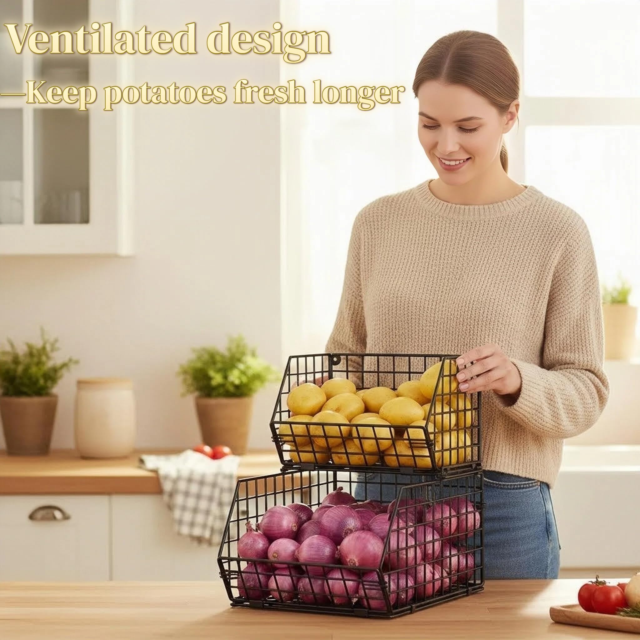 2-Tier Stackable Fruit Basket for Counter, Potato and Onion Storage Bin - Vegetable Basket for Kitchen, Wire Basket for Pantry Organizers- Metal Baskets for Snack Produce Can