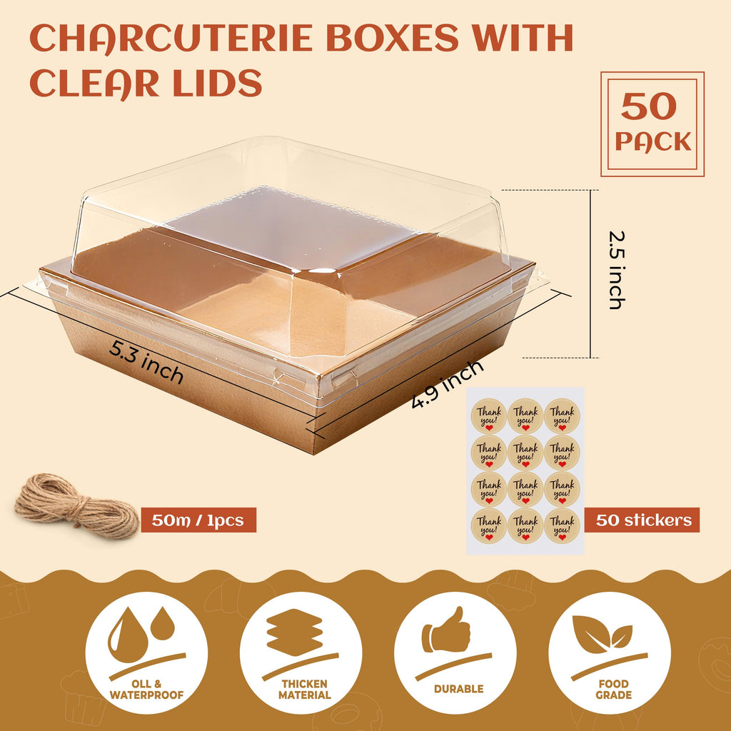 Charcuterie Boxes with Clear Lids Mini Bakery Boxes Disposable Treat Boxes to Go Small Food Containers for Dessert Cookie Sandwich Cake 5.3x4.9x2.5INCH(50 Pack, Brown)