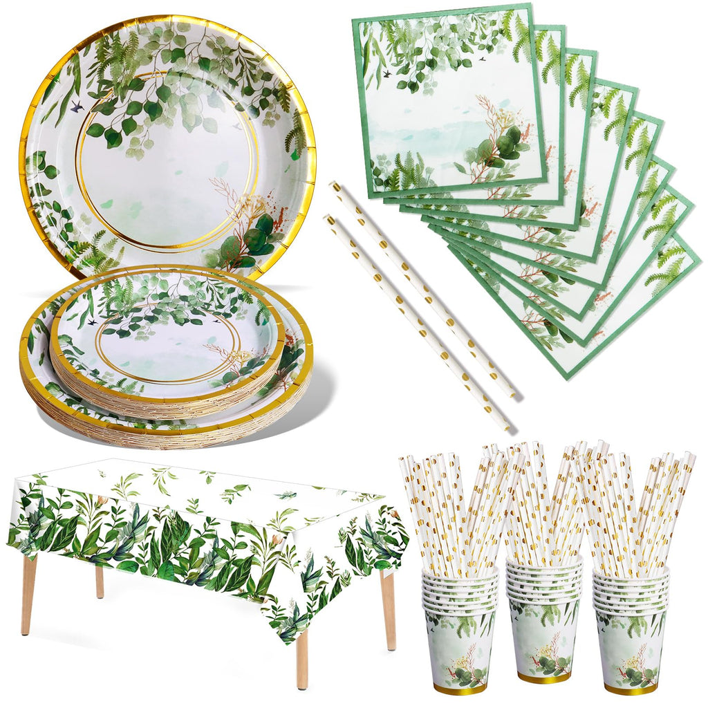 Nkaiso Paper Plates Napkins Cups Set, 121Pcs Sage Green Party Tableware, Birthday Paper Plates Cups Napkins Straws Tableware Set for Party Supplies Wedding Party Decoration -24 Guests