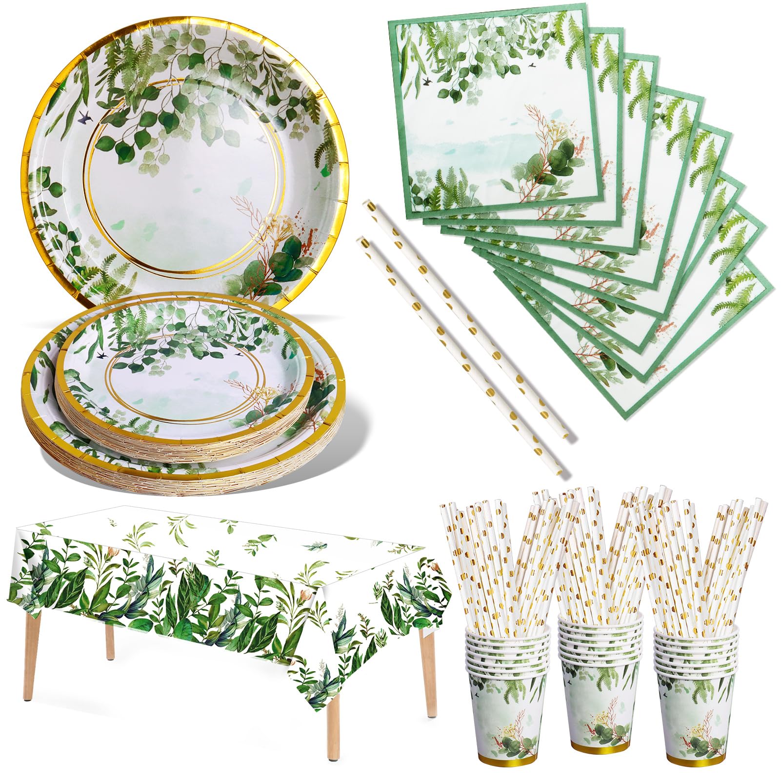 Nkaiso Paper Plates Napkins Cups Set, 121Pcs Sage Green Party Tableware, Birthday Paper Plates Cups Napkins Straws Tableware Set for Party Supplies Wedding Party Decoration -24 Guests