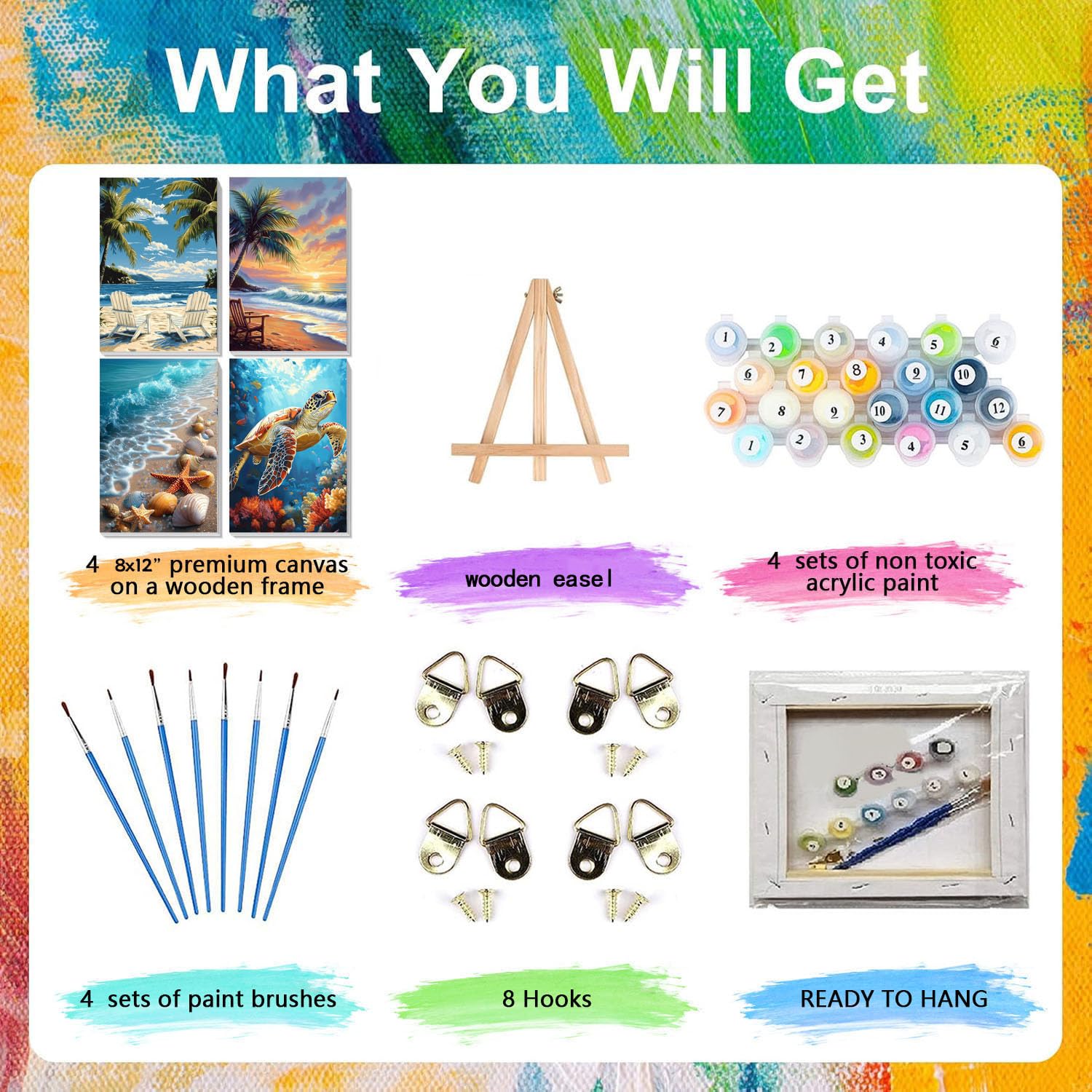 4 Pack Paint by Numbers Adult Kit with Framed Canvas - Wooden Easel, Beach Adult Paint by Number Kits on Canvas, DIY Sea Turtle Acrylic Oil Painting Kit with Brushes for Home Wall Decor (20x30cm)