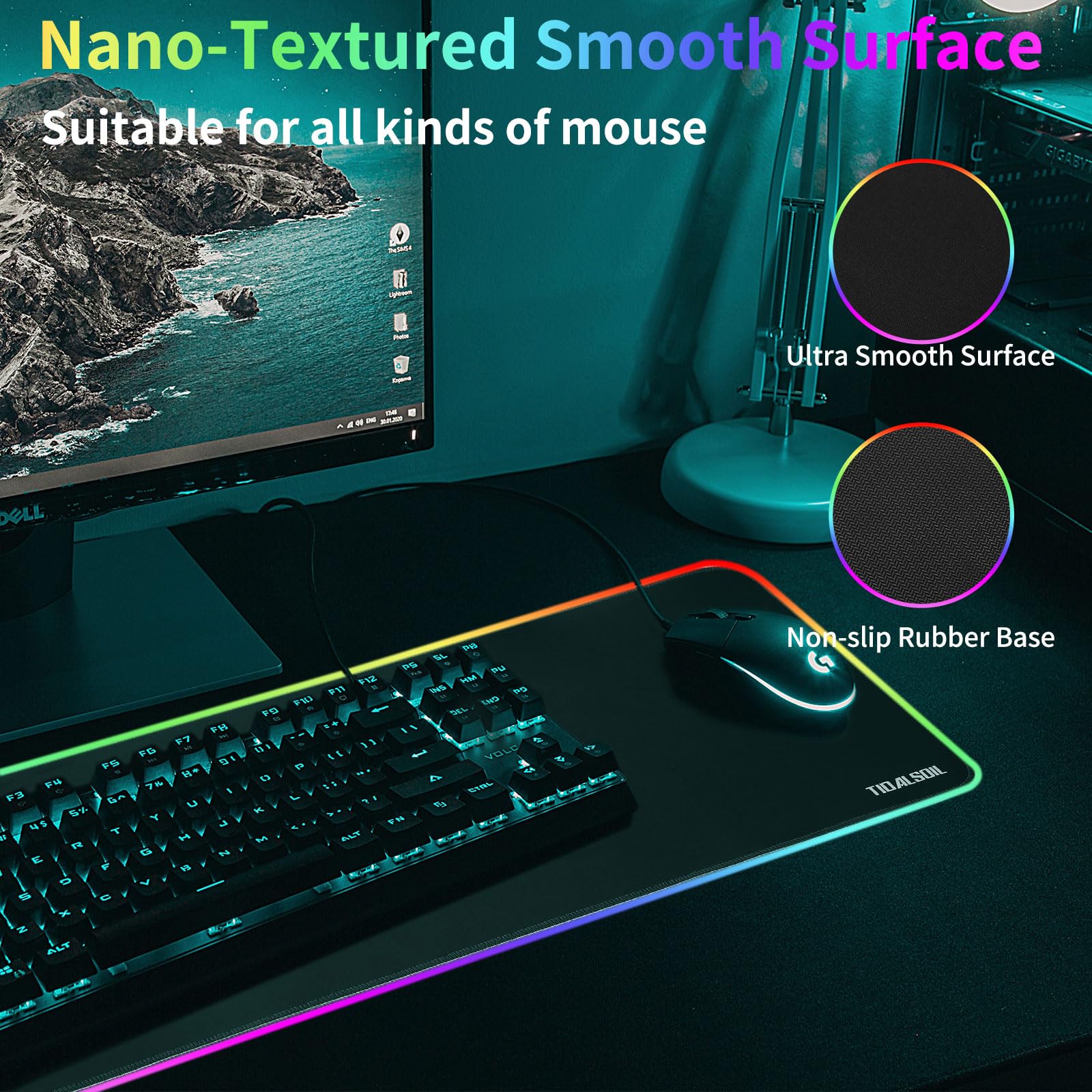 TIDALSOIL RGB Gaming Mouse Pad, Oversized Mouse Mat with 12 Light Modes, Non-Slip Rubber Base, Large Computer Keyboard Mouse Pad for PC Gaming, Office, 800 x 300 x 3 mm, Black
