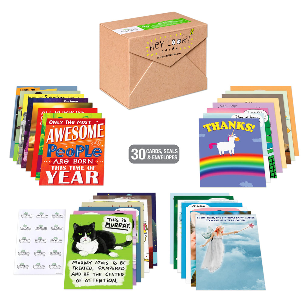 Recycled Paper Greetings 30-Count Funny All Occasion Card Assortment with Envelopes, Seals, and Storage Box by Hey Look!