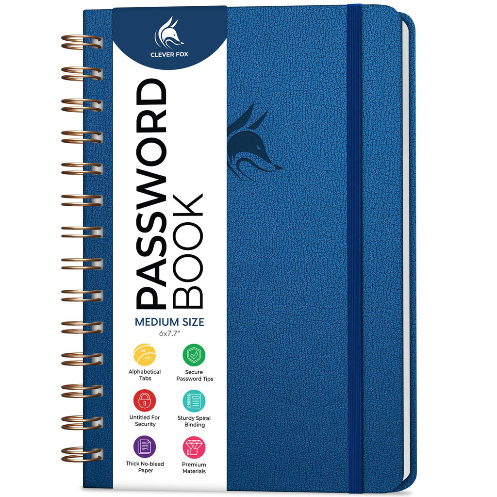 Clever Fox Password Book Spiral – Internet Address & Password Organizer with Laminated Alphabetical Tabs – Password Keeper Journal – Hardcover, Medium Size, 6.1x7.7” (Mystic Blue)