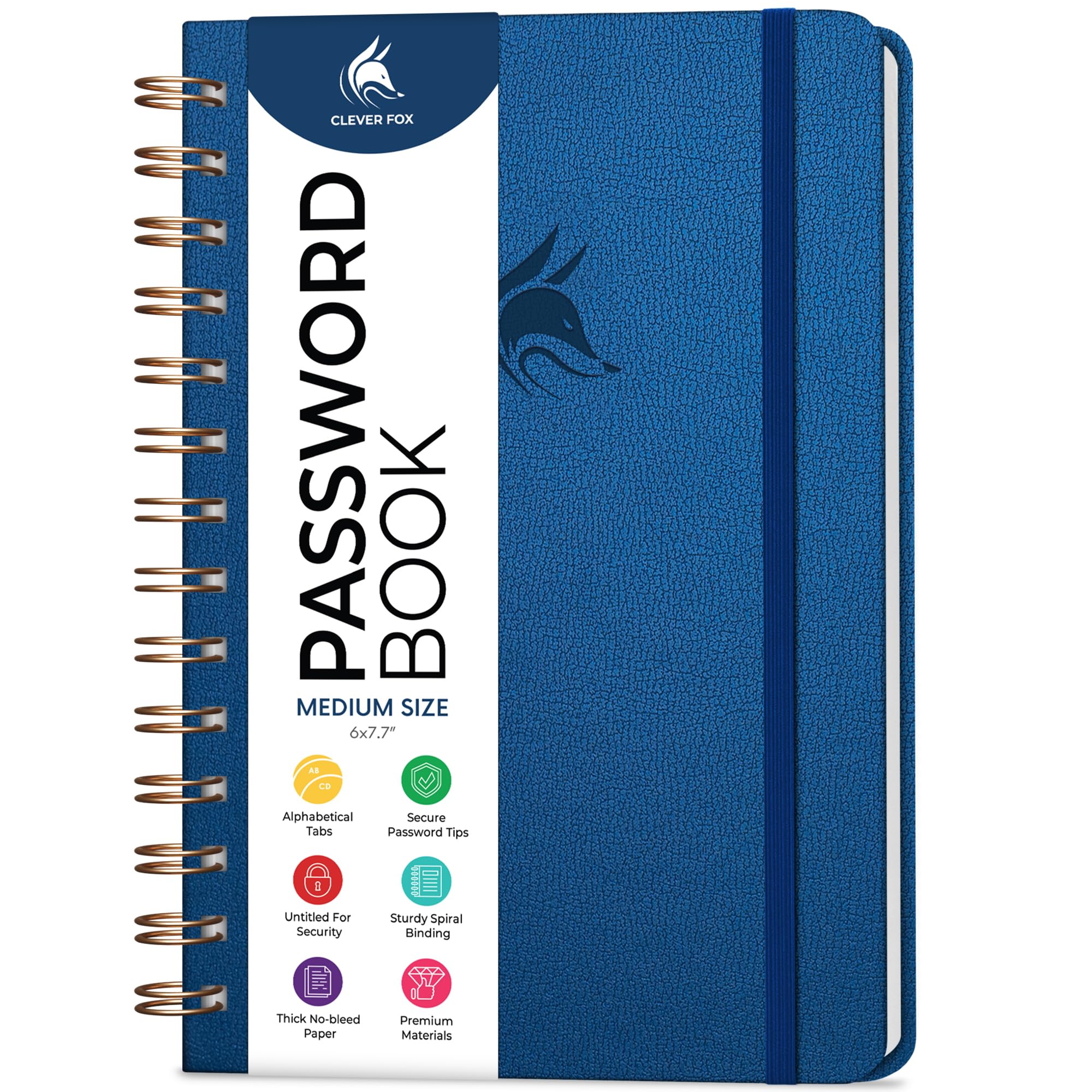 Clever Fox Password Book Spiral – Internet Address & Password Organizer with Laminated Alphabetical Tabs – Password Keeper Journal – Hardcover, Medium Size, 6.1x7.7” (Mystic Blue)