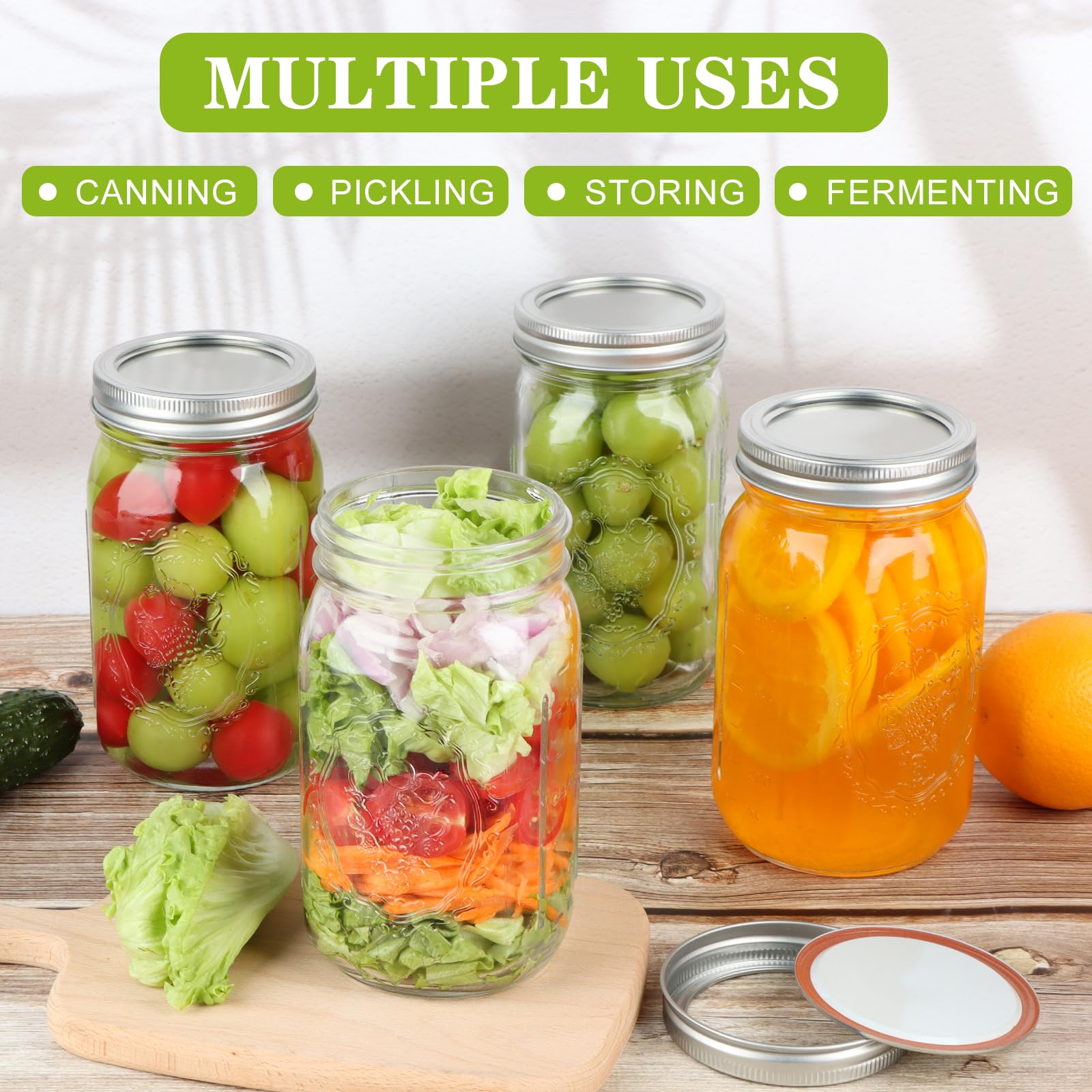 HWASHIN Wide Mouth Mason Jars 32 oz, 6 Pack Quart Canning Jars with Airtight Lids and Bands, Clear Glass Mason Jars for Canning, Pickling, Preserving, Meal Prep