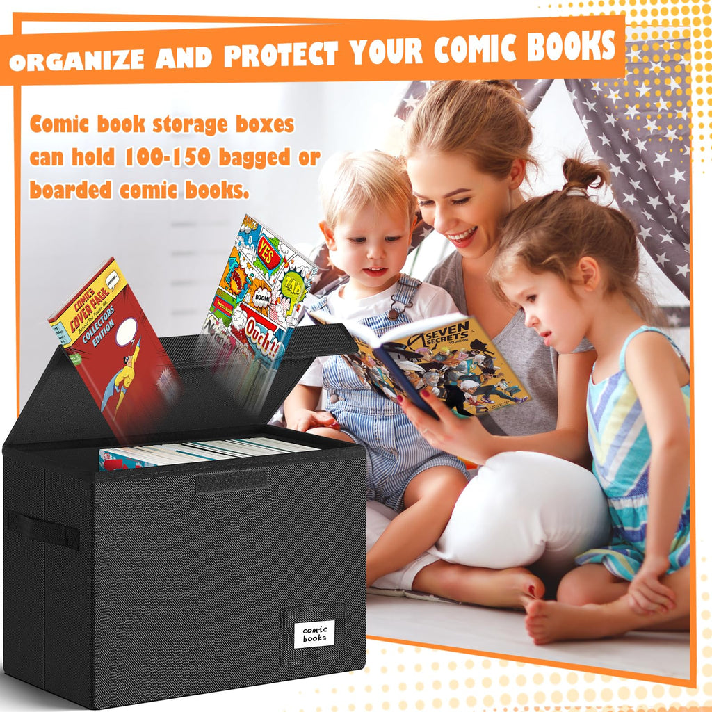 Leffis Comic Book Storage Box, Comic Book Box 15.5" X 7.5" X 11.3", Collapsible Comic Short Box with Lids Holds 150 Comics Heavy Duty Comic Book Bin Container