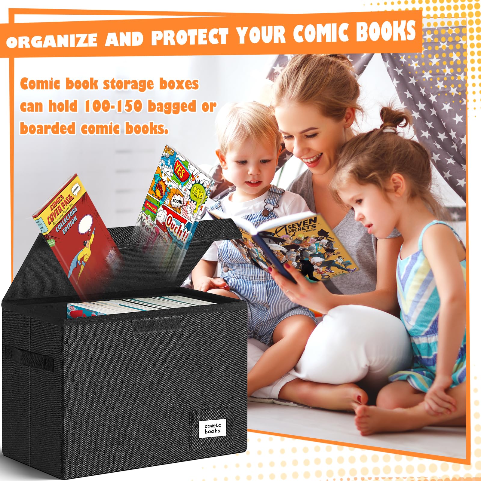 Leffis Comic Book Storage Box, Comic Book Box 15.5" X 7.5" X 11.3", Collapsible Comic Short Box with Lids Holds 150 Comics Heavy Duty Comic Book Bin Container