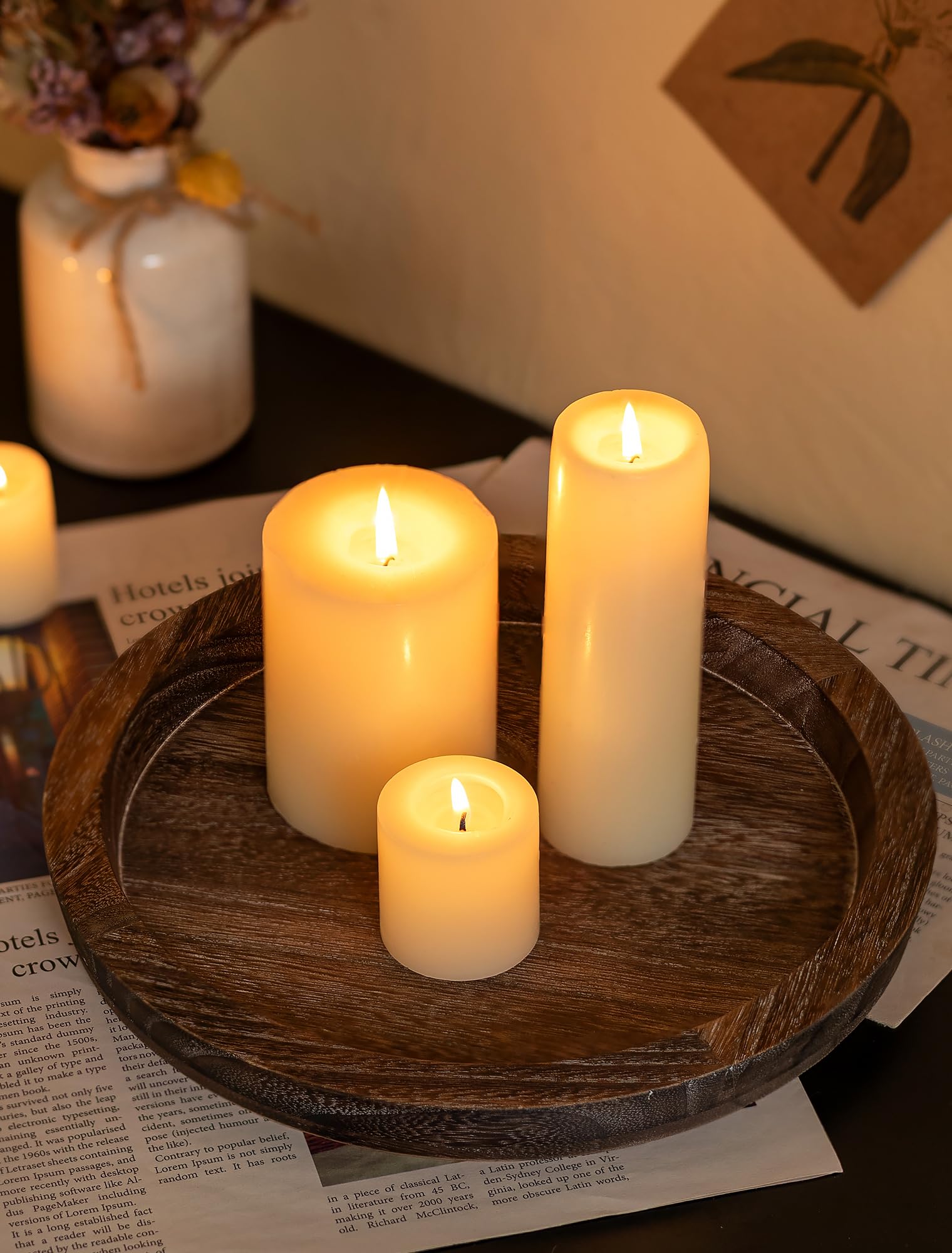 Hanobe Candle Holder Tray Decor: Round Coffee Table Decorative Tray for Home Decor - Farmhouse Wood Plate Circle Display for Living Room Kitchen Centerpiece