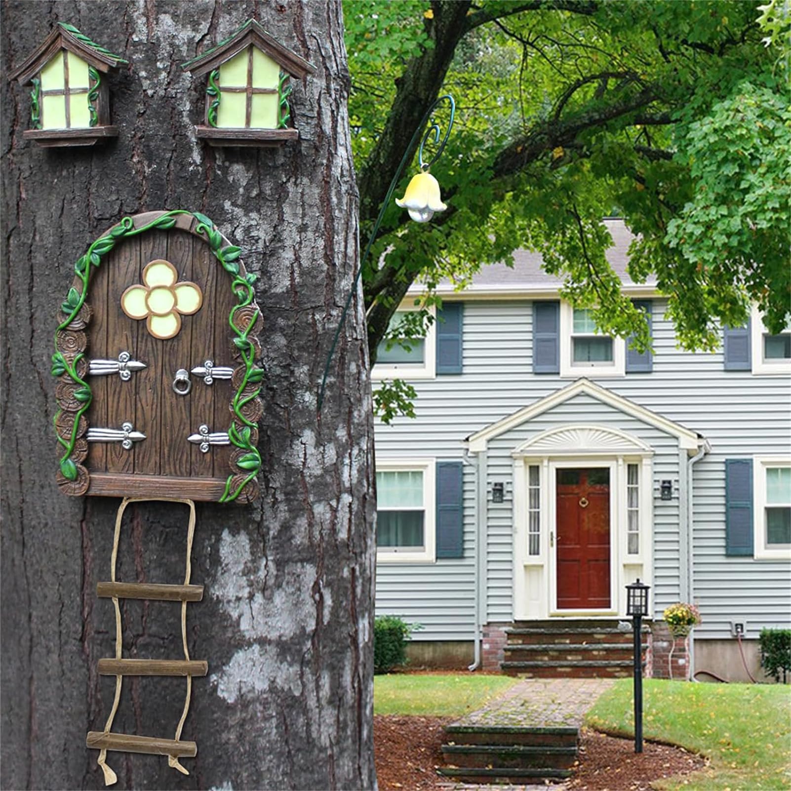 Fairy Garden Door and Windows – Glow in The Dark Yard Art Sculpture Decoration Accessories,Wall and Trees Outdoor | Miniature Garden Outdoor Decor Accessories with Bonus Fairy Lantern