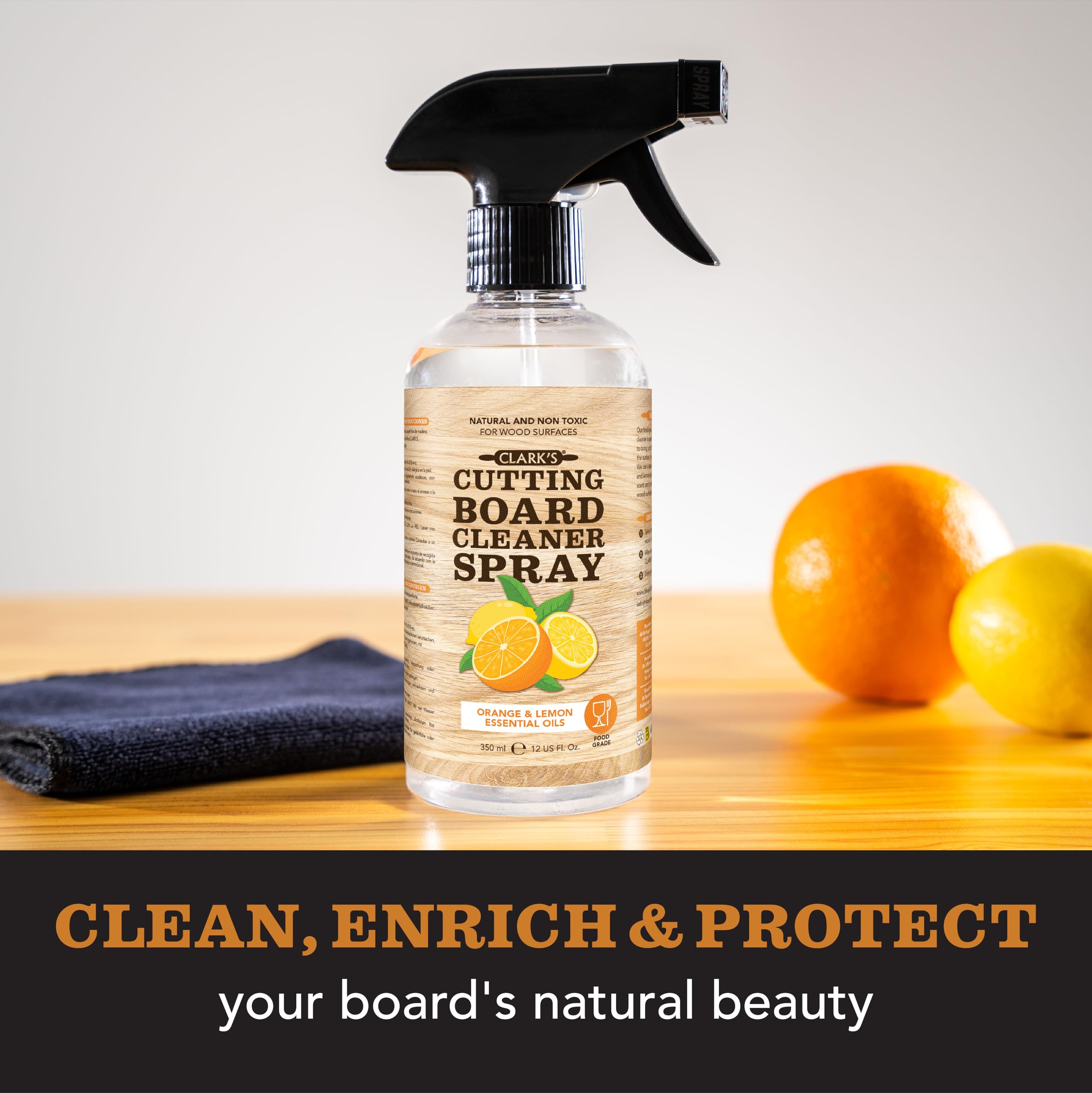 CLARK’S Natural Cutting Board Spray Cleaner with Microfiber Cloth for Wood Countertop – Pure Ingredients Filtered Water, Distilled Vinegar, Castile Soap, Lemon & Orange Citrus Oil Extracts, 12oz