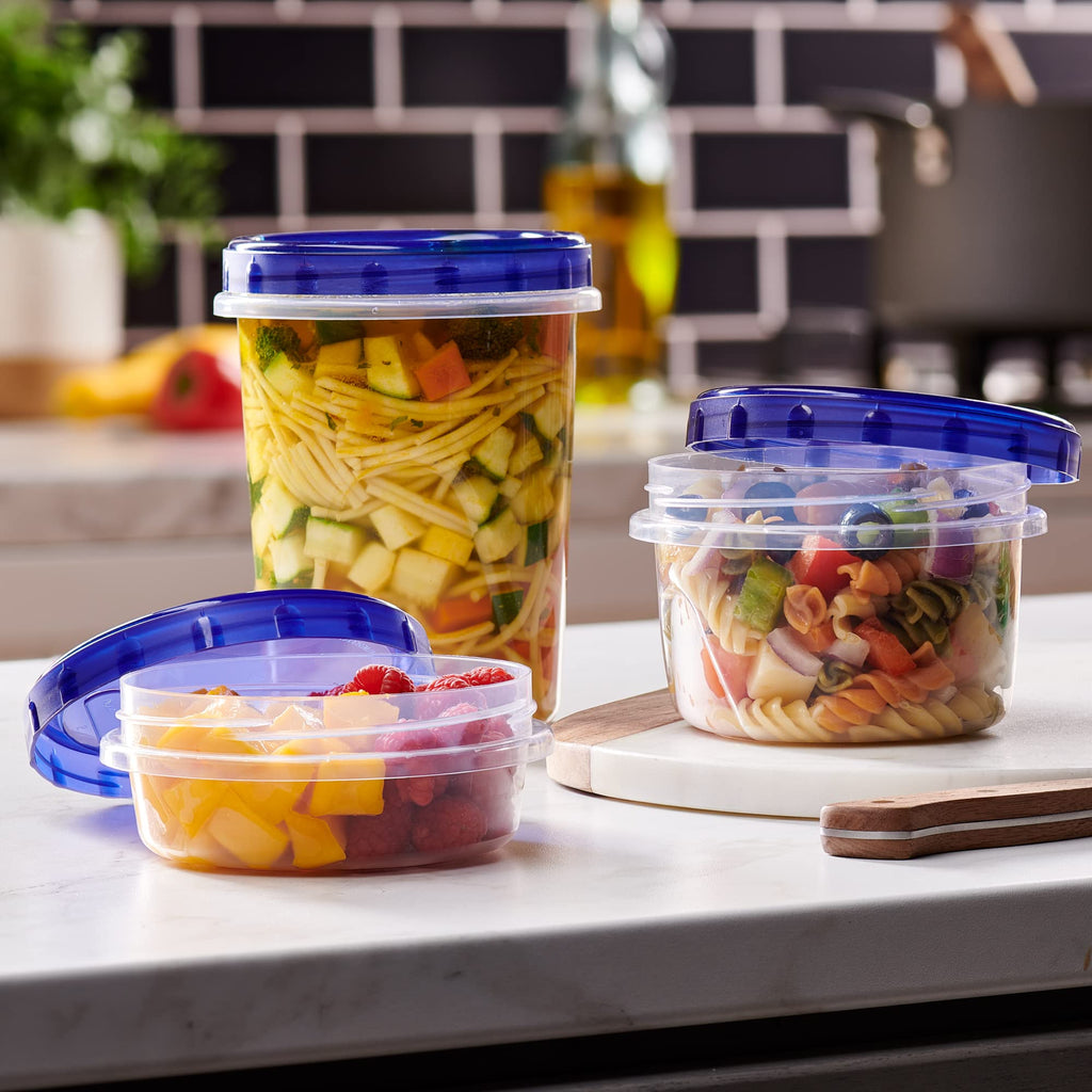 PLASTICPRO 6 Pack Twist Cap Food Storage Containers with Blue Screw on Lid- 16 oz Reusable Meal Prep Containers - Freezer and Microwave Safe Blue Plastic Food Storage