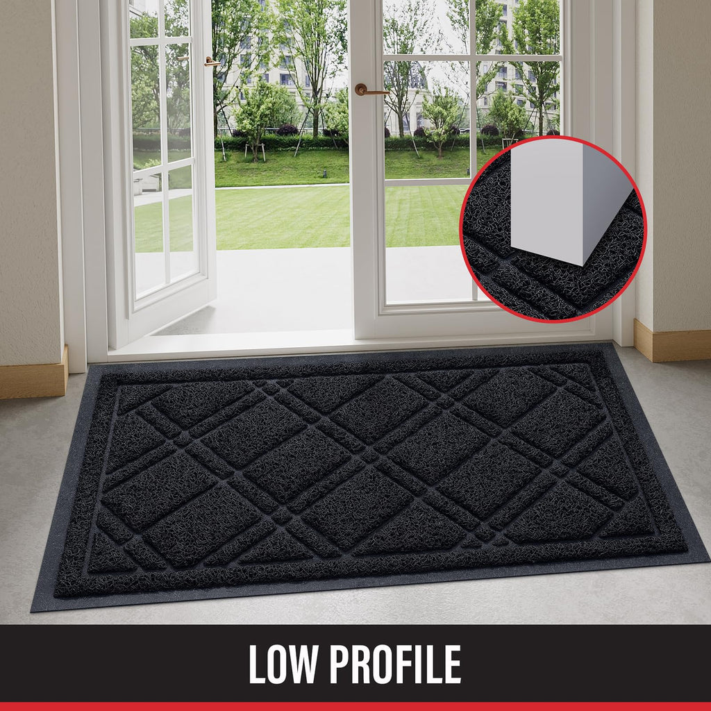 Front Door Mat Outdoor Mat for Entrance, Non-Slip Low Profile Doormat, Durable Dirt Trapper Welcome Mat Shoe Mat for Outdoor, Indoor, Front Back Doors, Entrance, 17"x30", Black