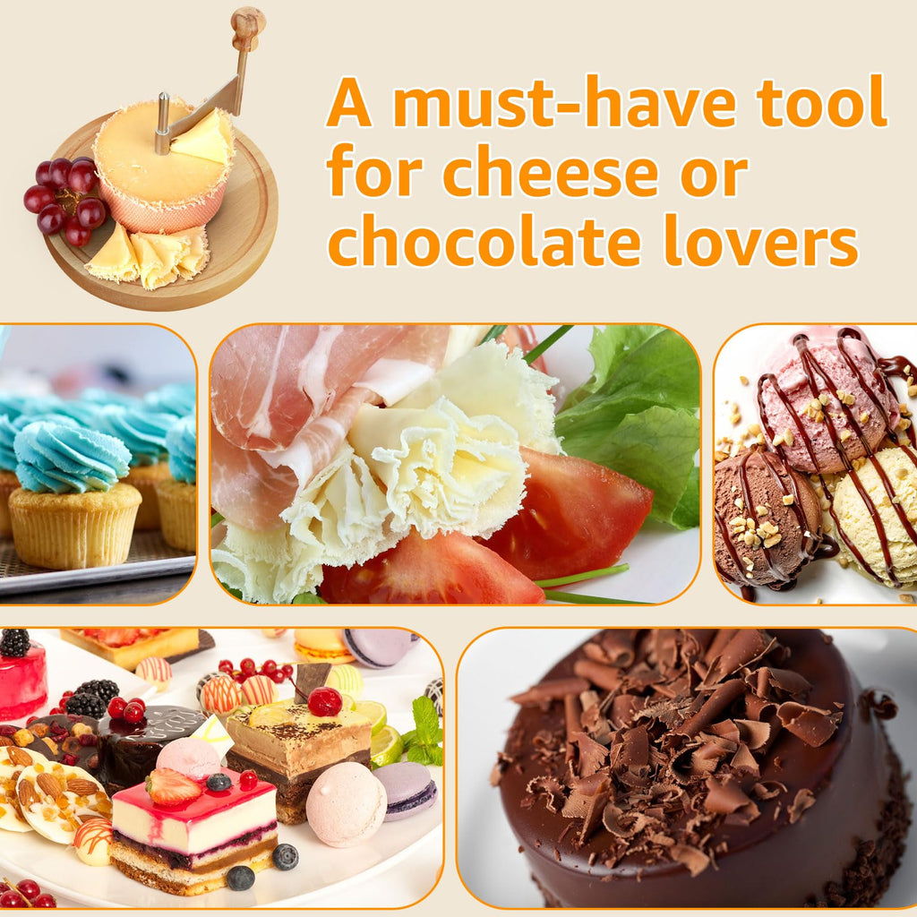 HIERTAOP Cheese Curler, Stainless Steel Shaver, Wooden Cheese Slicer Board, Rust-Proof Multifunctional Chocolate Flower Shaver, Perfect for Cheese Wheel or Chocolate 8.7×5.6 Inch