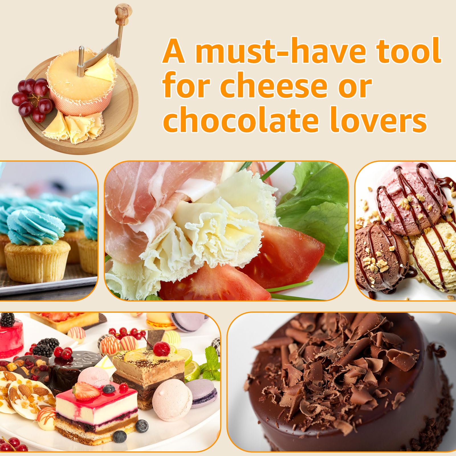HIERTAOP Cheese Curler, Stainless Steel Shaver, Wooden Cheese Slicer Board, Rust-Proof Multifunctional Chocolate Flower Shaver, Perfect for Cheese Wheel or Chocolate 8.7×5.6 Inch
