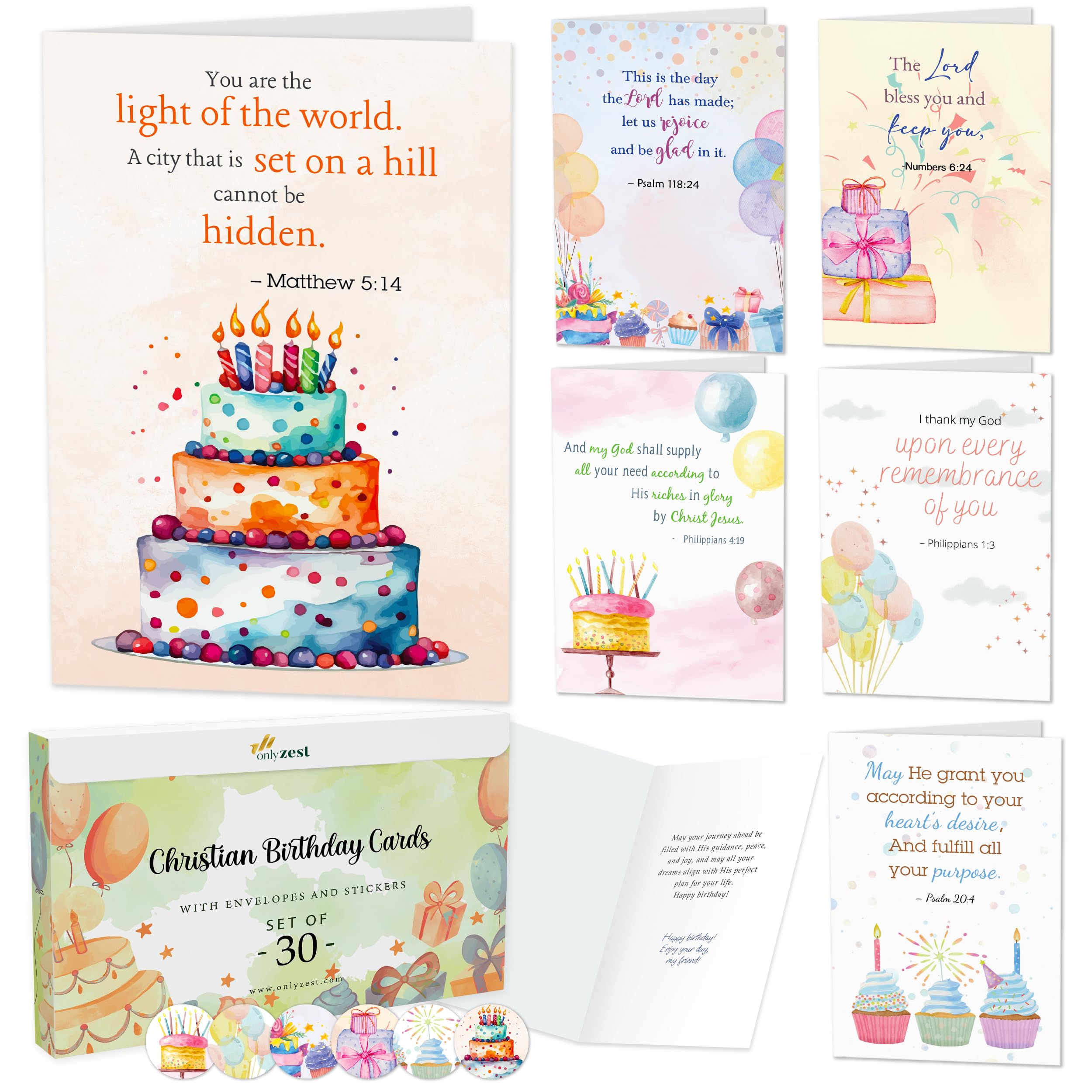 Only Zest 30 Pack Religious Birthday Cards with Envelopes – 4x6 Inspirational Christian Birthday Cards Bulk Set with Bible Verses for Women, Men, Kids
