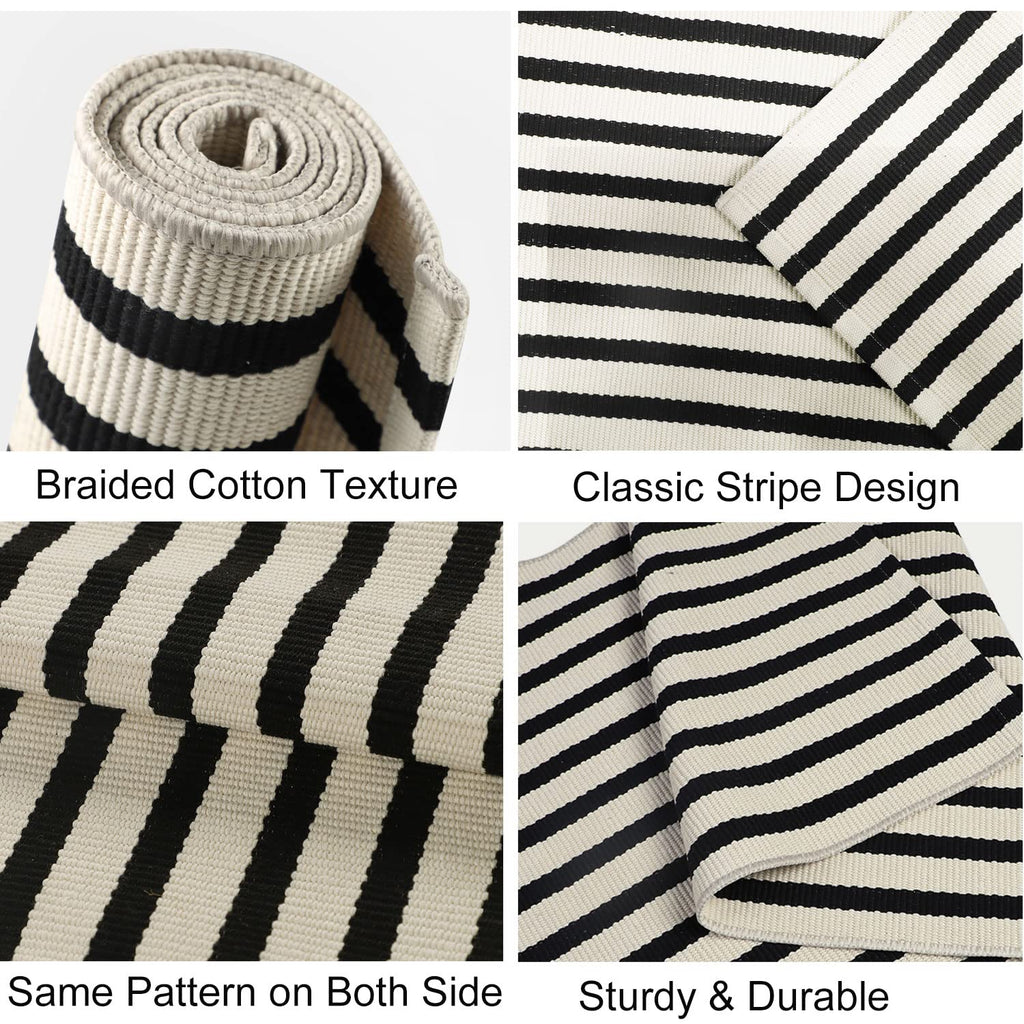 famibay Black and Beige Front Door Mat Outdoor Cotton Handwoven Farmhouse Layered Door Mat 2x4.2Ft Washable Striped Porch Rug Carpet Mat for Entrance Balcony Bedroom
