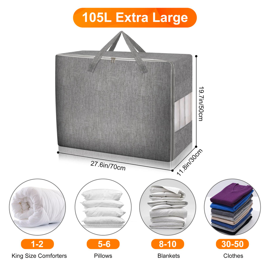 Karceyworth 3 Pack 105L Comforter Storage Bags, Extra Large Bedding Storage Bags with Zipper and Reinforced Handle, Clear Window, Moving Closet Organizers for Blankets, Pillows
