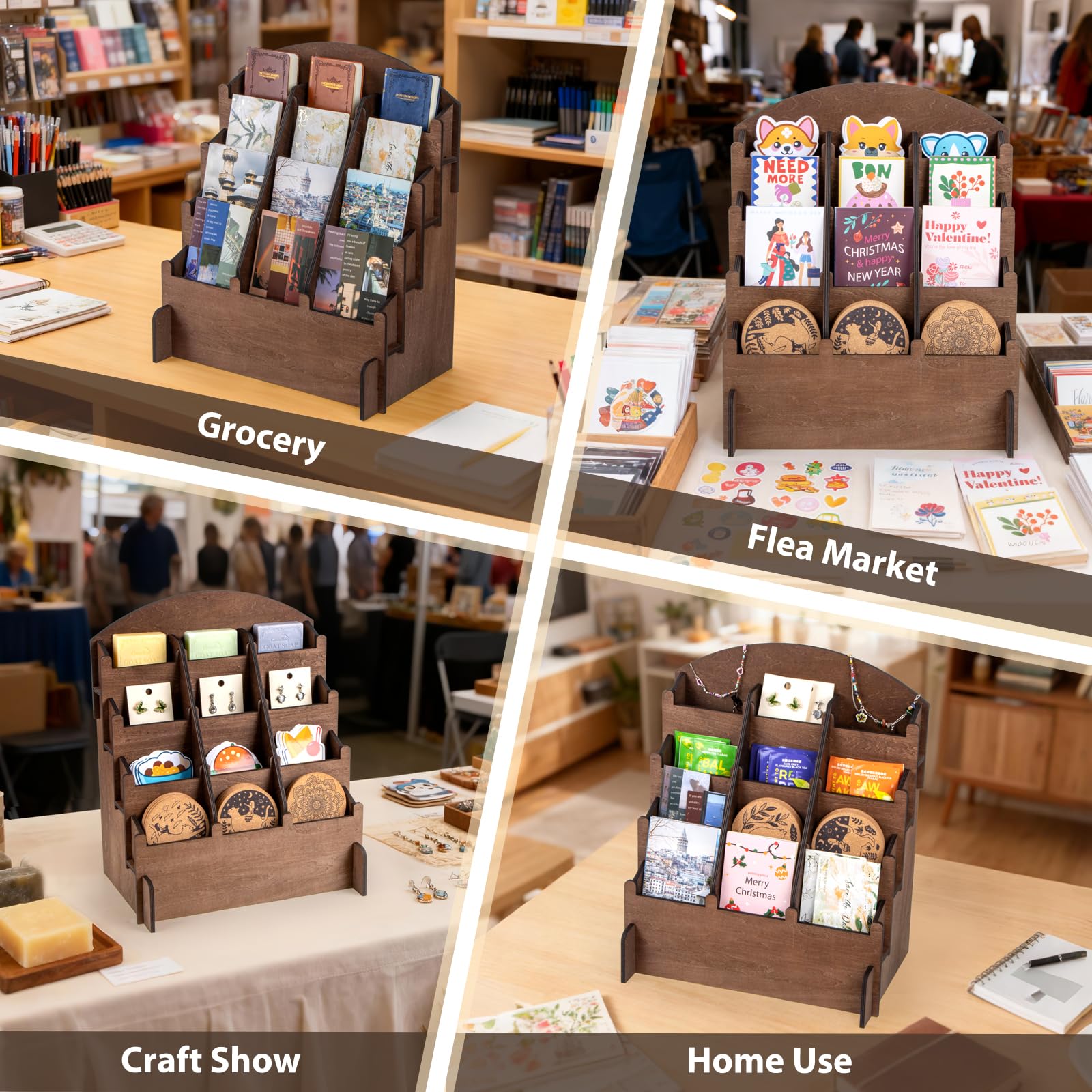 Wooden Sticker Display Stand, Sticker Holder Display Organizer with 12 Pockets for Greeting Card, Postcard, Coaster, Bookmark, Brochure, Vendors, Retail, Brown