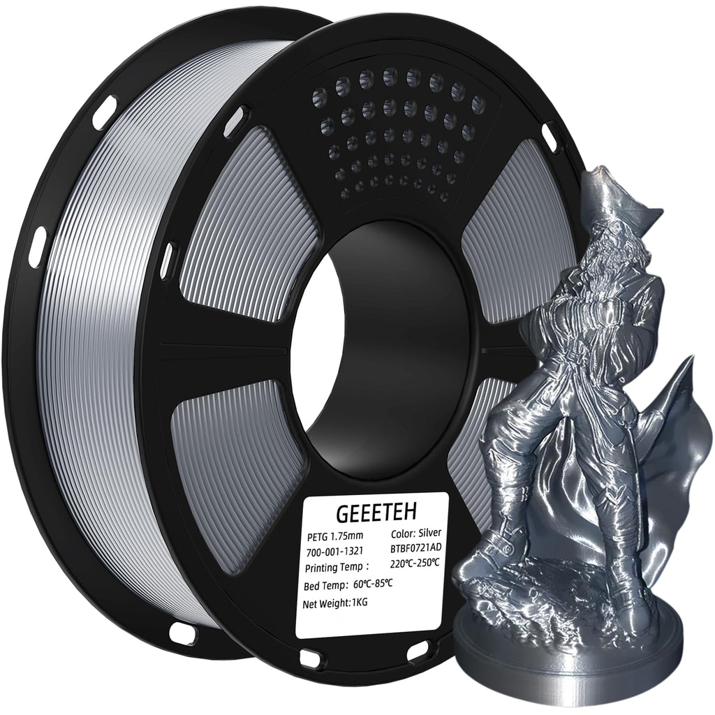 GEEETECH Silver PETG Filament 3D Printer Filament 1.75mm PETG Silver 1Kg (2.2lbs), PETG 3D Printing Filament for Most 3D Printer, Upgrade Stronger Toughness & Low Odor, High Tolerance +/- 0.02 mm
