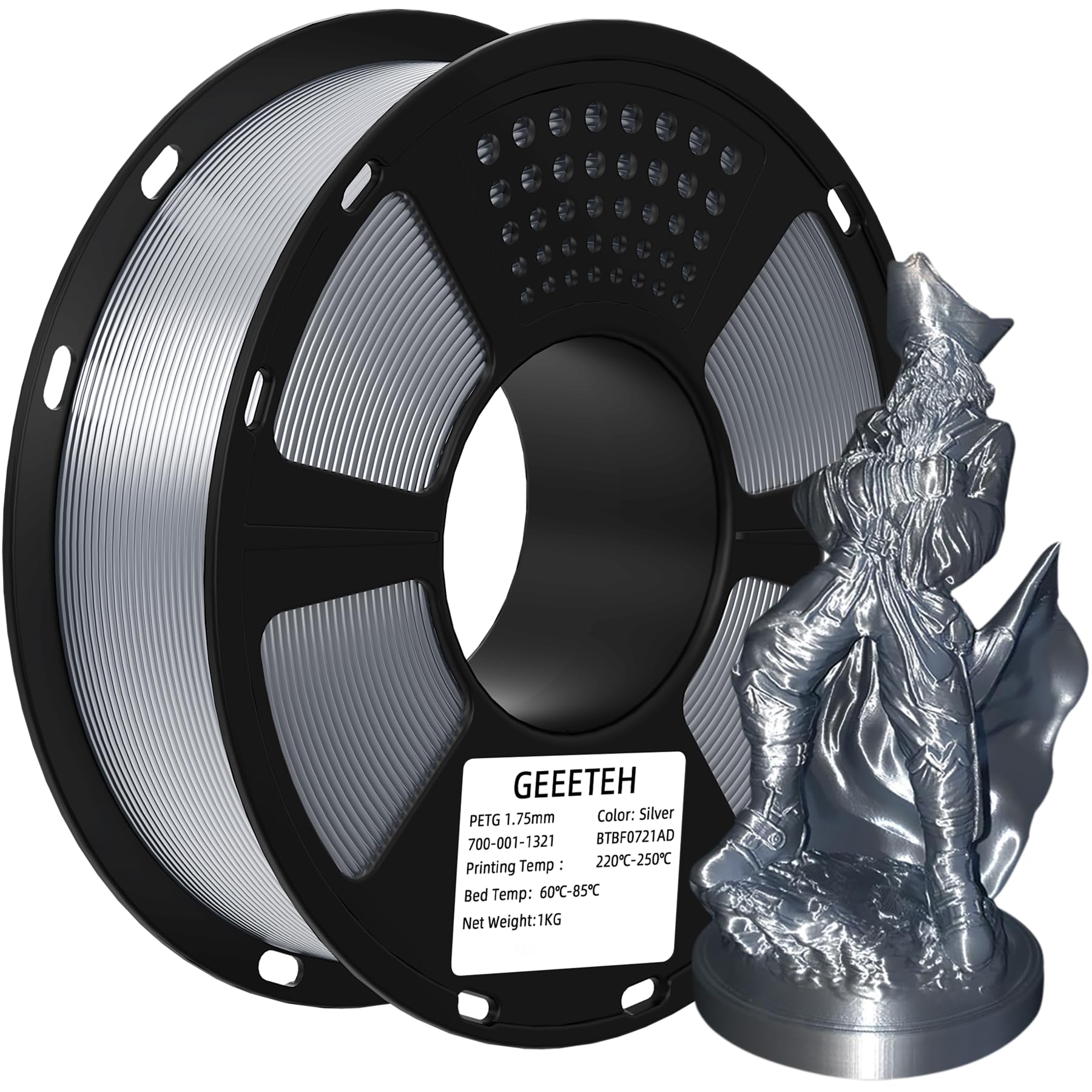 GEEETECH Silver PETG Filament 3D Printer Filament 1.75mm PETG Silver 1Kg (2.2lbs), PETG 3D Printing Filament for Most 3D Printer, Upgrade Stronger Toughness & Low Odor, High Tolerance +/- 0.02 mm